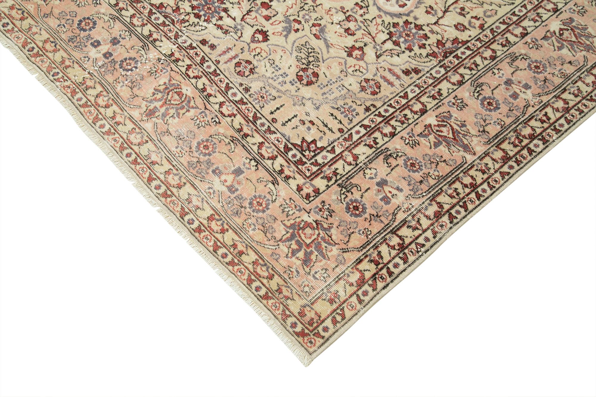 Vintage Wool Area Rug - Handmade Cotton Rug, Beige Turkish Hand Knotted Carpet 6'8''x9'1''