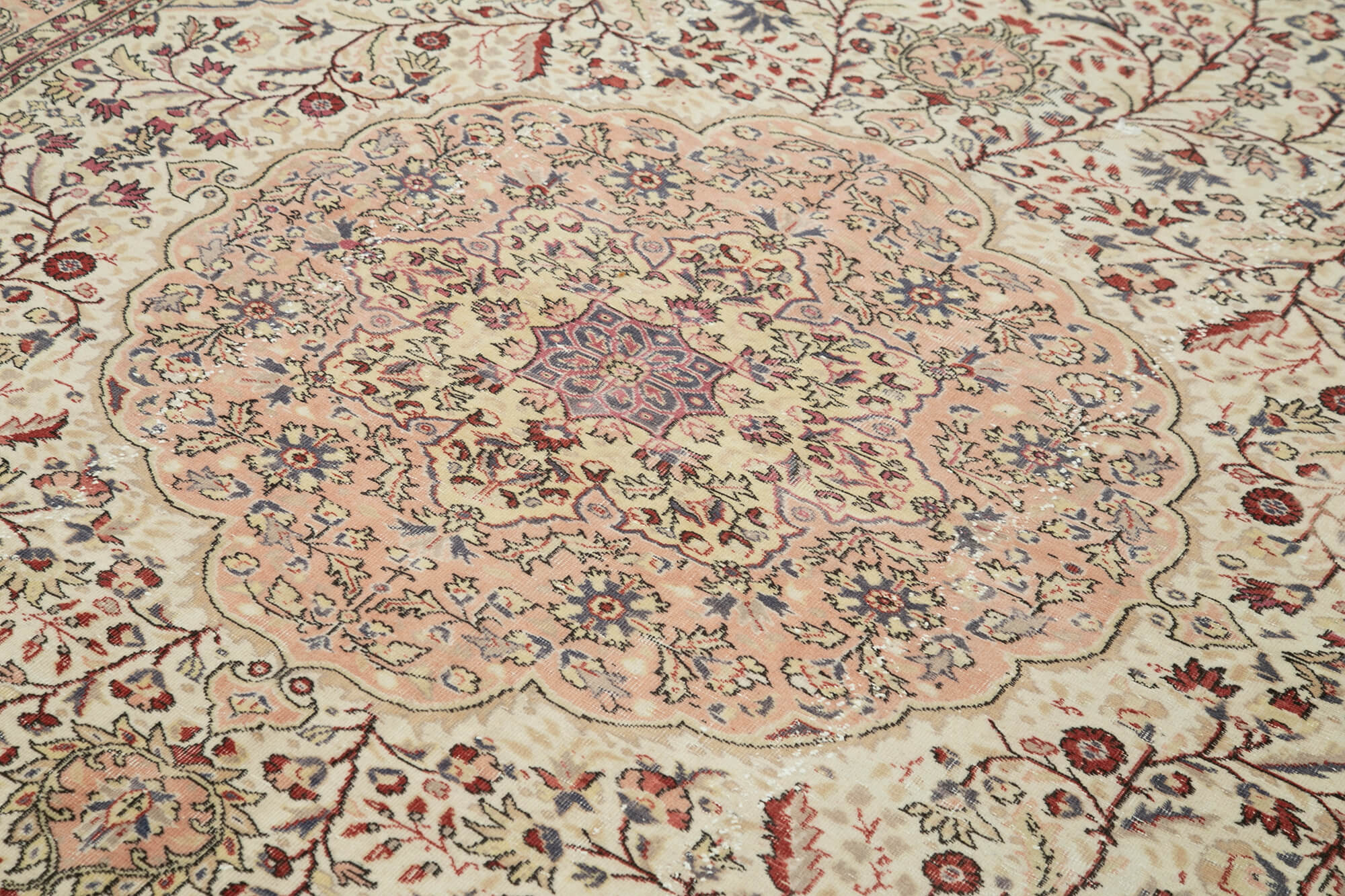 Vintage Wool Area Rug - Handmade Cotton Rug, Beige Turkish Hand Knotted Carpet 6'8''x9'1''