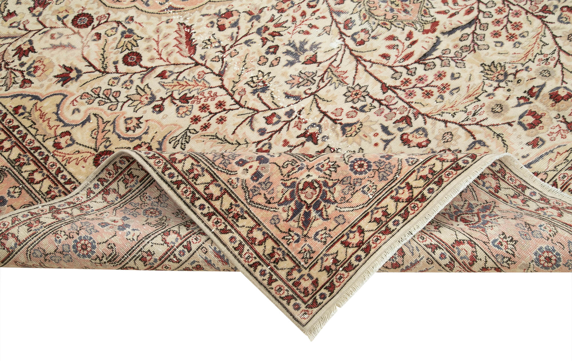 Vintage Wool Area Rug - Handmade Cotton Rug, Beige Turkish Hand Knotted Carpet 6'8''x9'1''