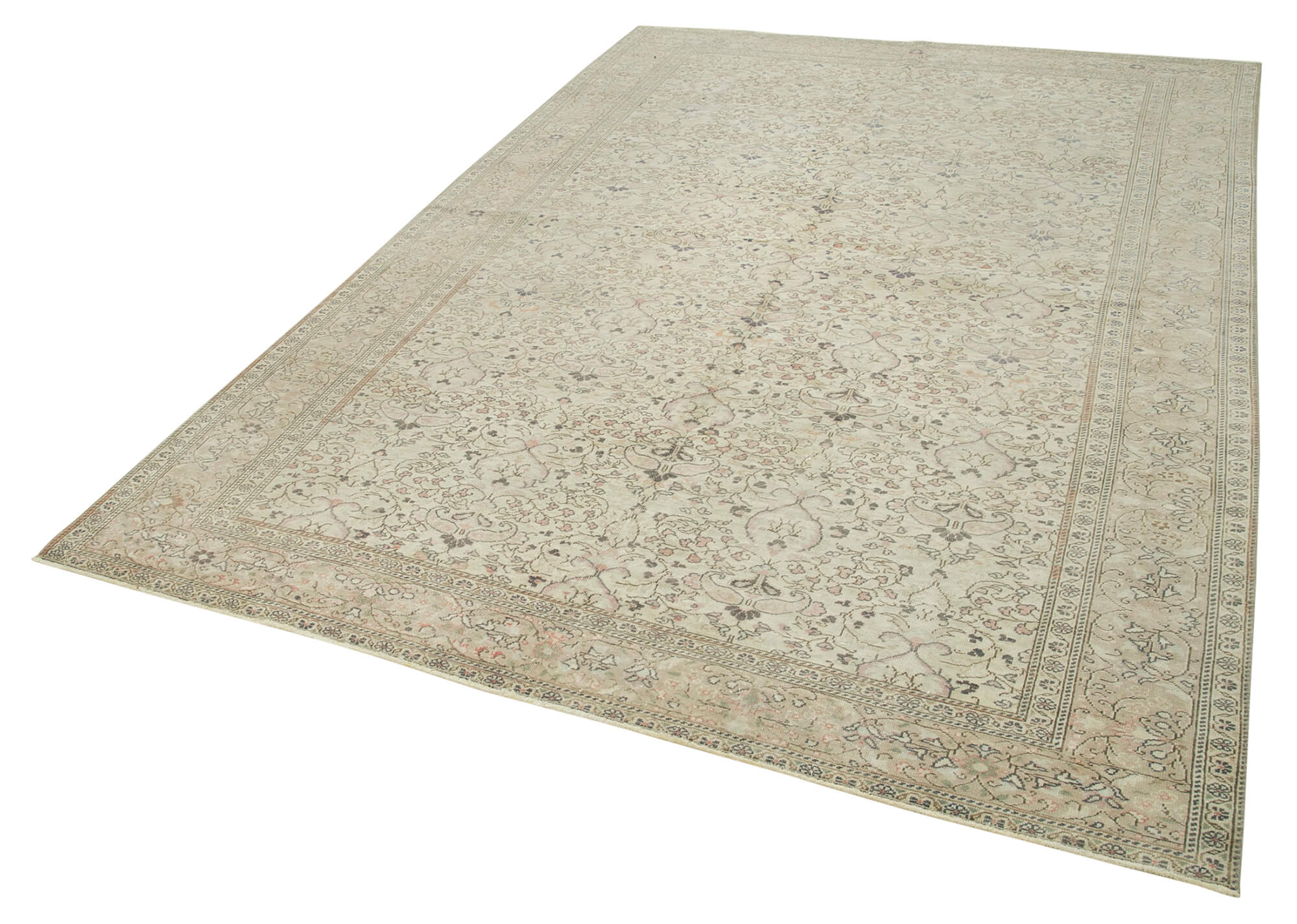Vintage Cotton Wool Rug - Handmade Area Rug 6'6''x9'3'' Beige Turkish Wool Carpet