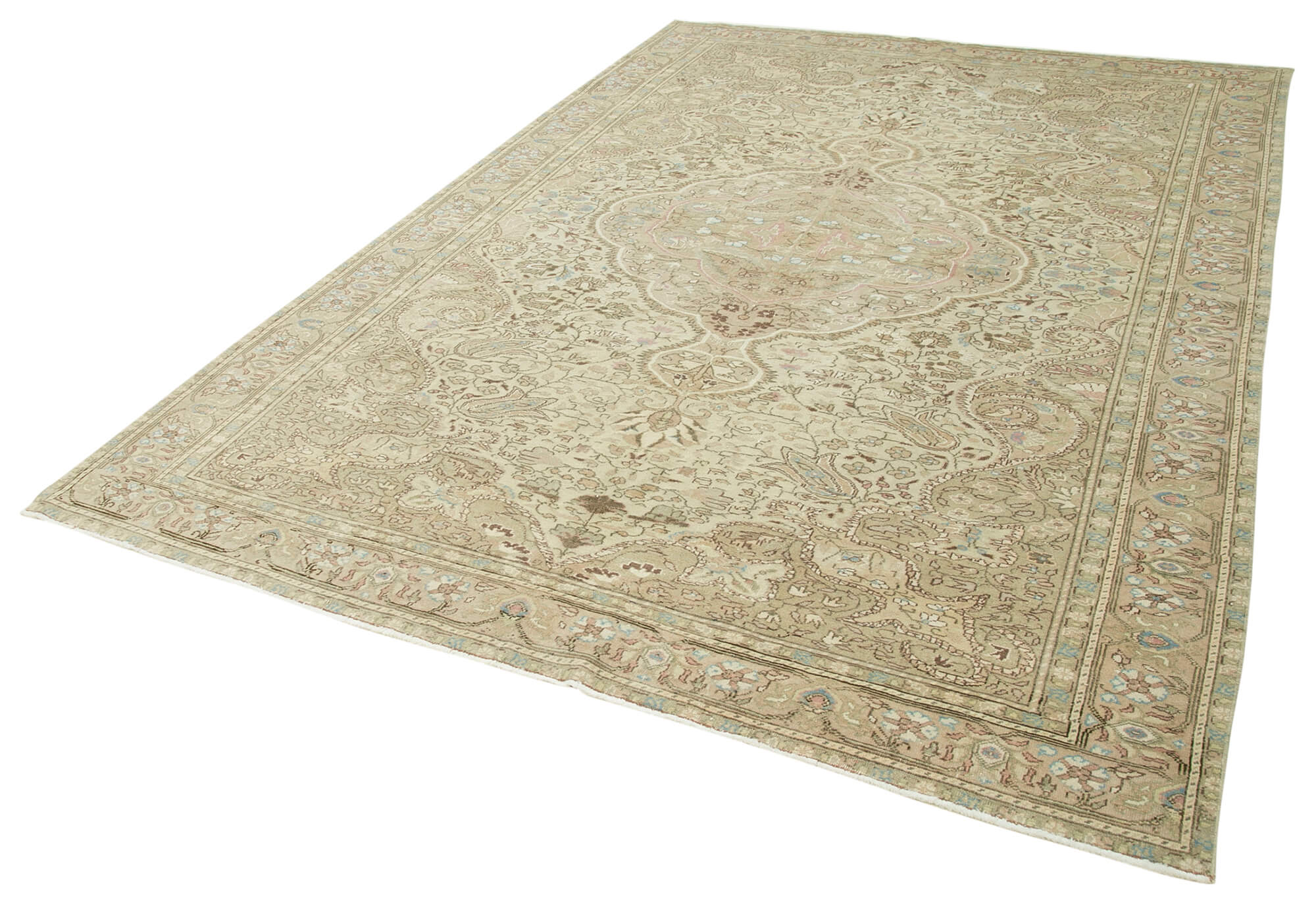 Vintage Cotton Wool Rug - Handmade Turkish Area Rug 6'6'' x 9'4'' Beige Wool