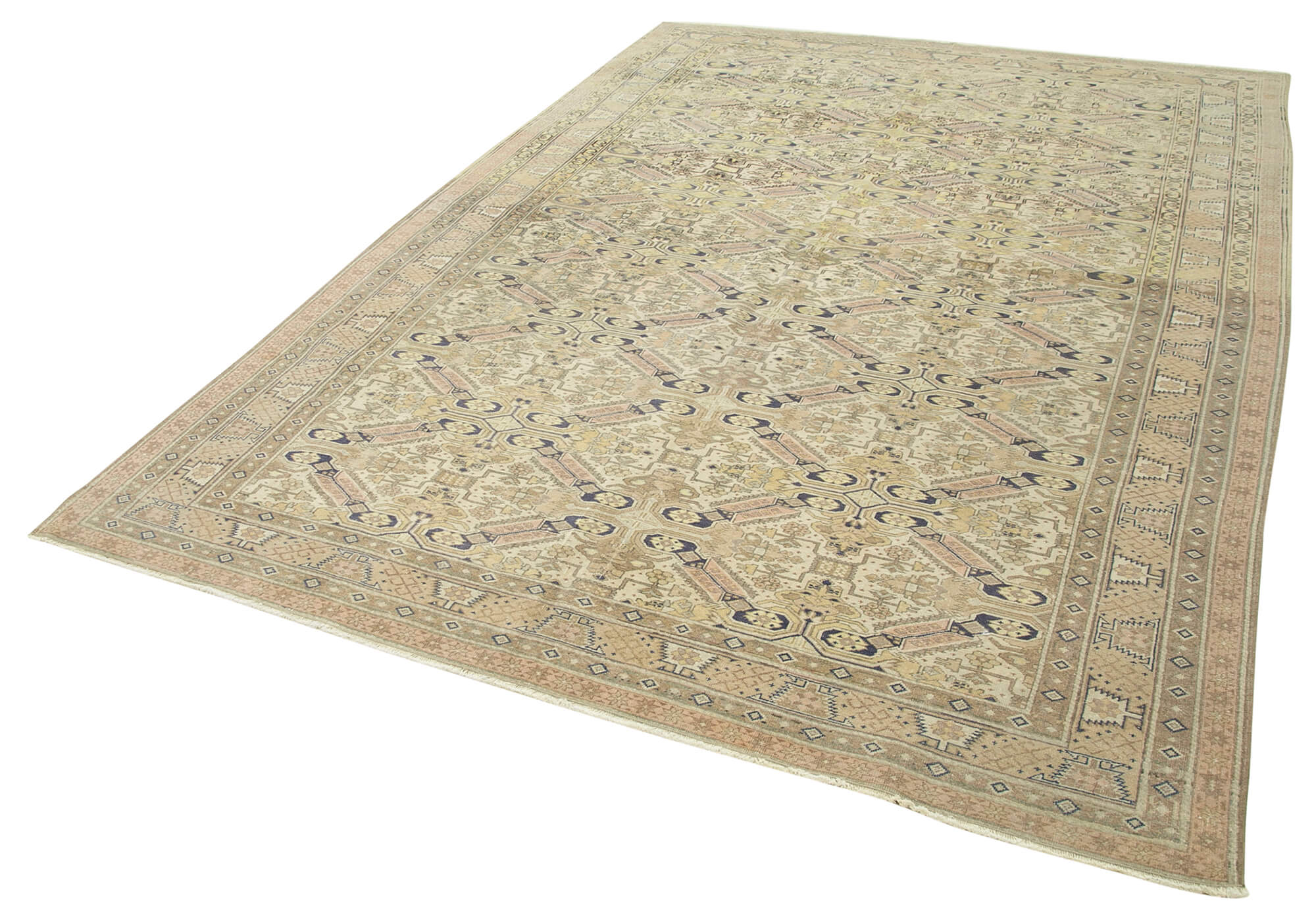 Handmade Vintage Area Rug – Kayseri Wool & Cotton Blend, Neutral Beige Carpet 6'7''x9'9''
