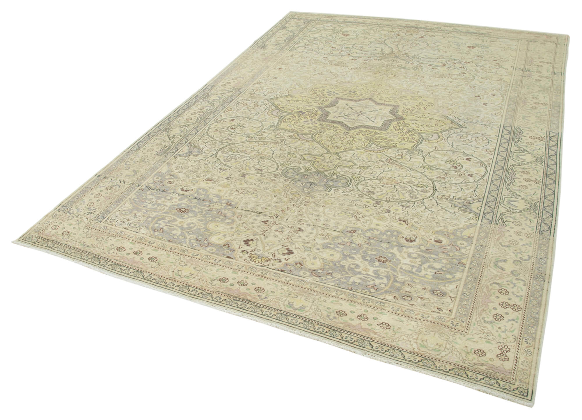 Vintage Cotton Wool Rug - Handmade Area Rug 6'7''x9'7'' Beige Wool Classic