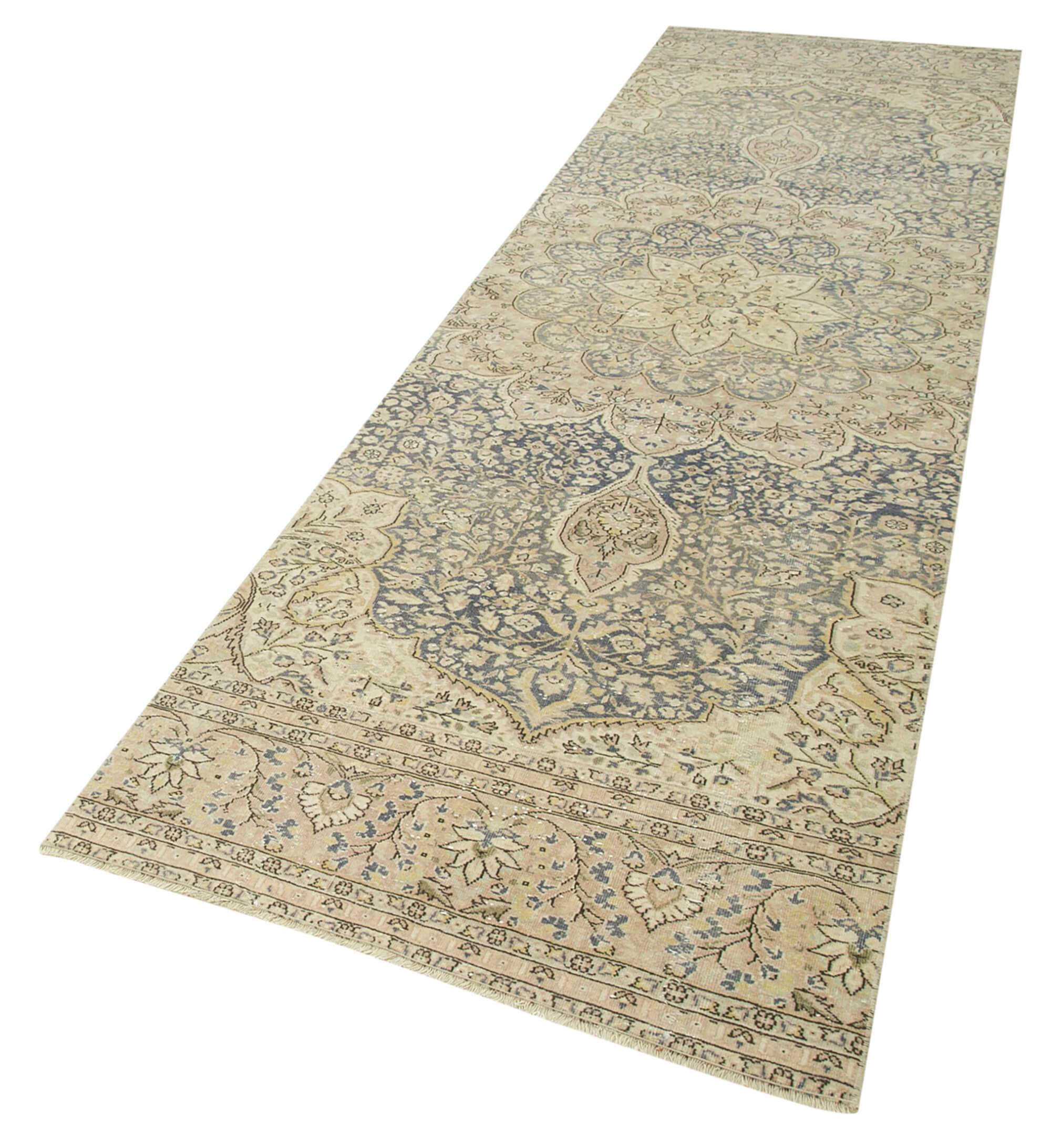 Vintage Cotton Wool Rug - Hand Woven Turkish Area Rug 3'2''x11'4'' Beige Runner