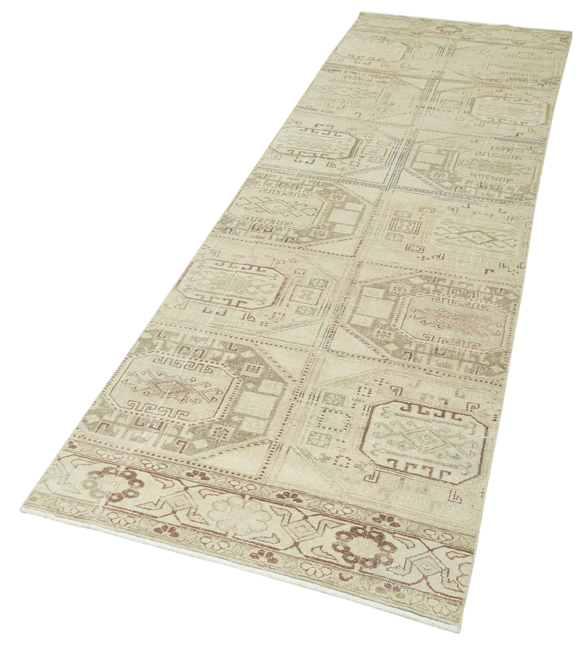 Handmade Vintage Area Rug – Kayseri Turkish Wool Rug 2'7''x9'11'' Beige Cotton Wool Carpet