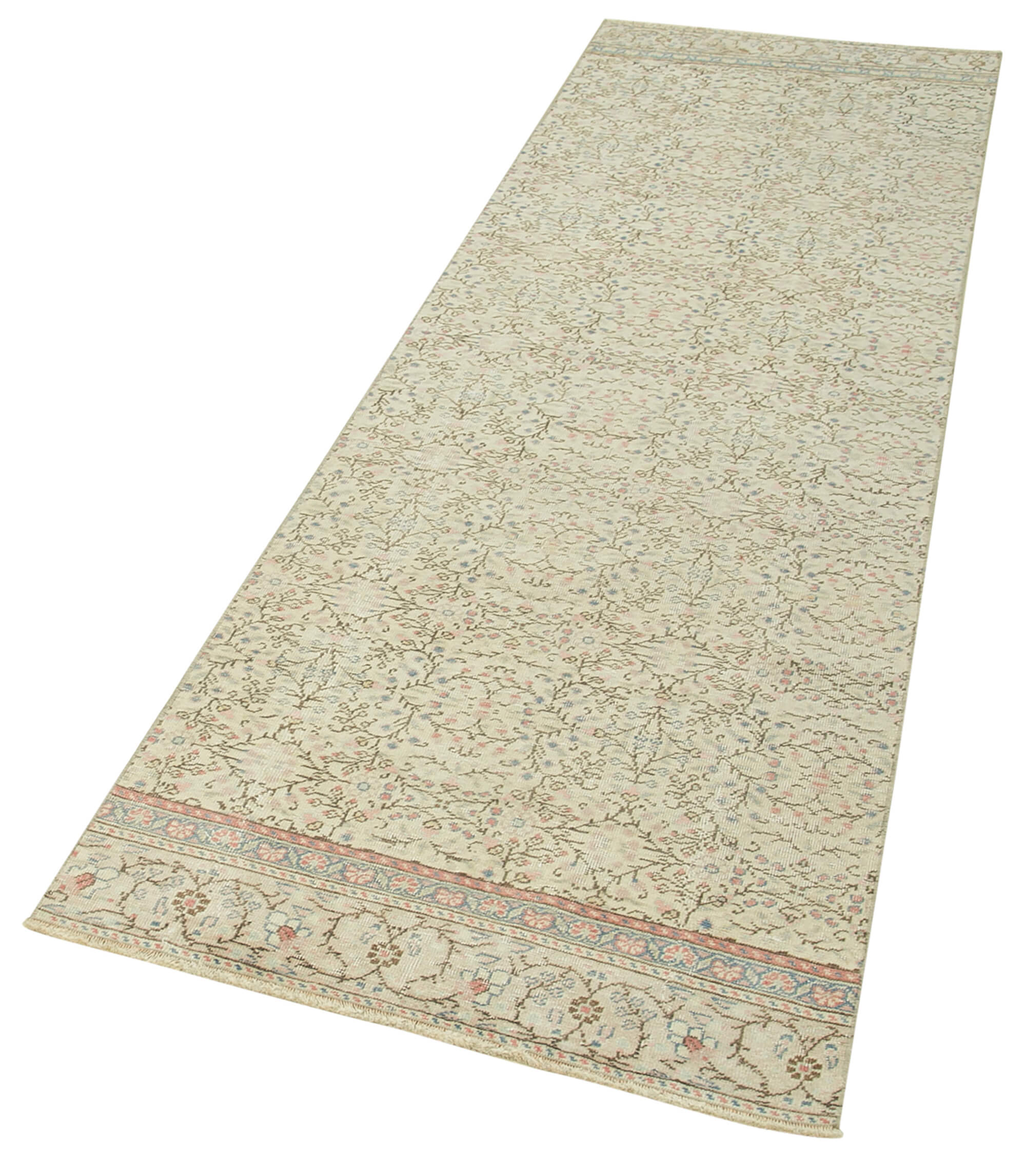 Handmade Vintage Area Rug – Beige Cotton Wool Blend Carpet 2'7'' x 8'11''