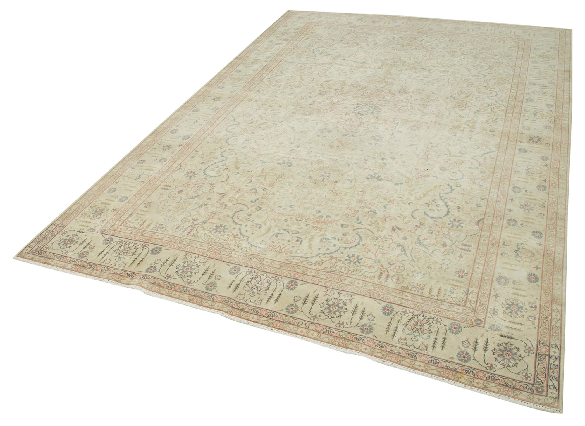 Vintage Handmade Area Rug - Kayseri Hand Woven Rug 6'5'' x 9'8'' Beige Cotton Wool
