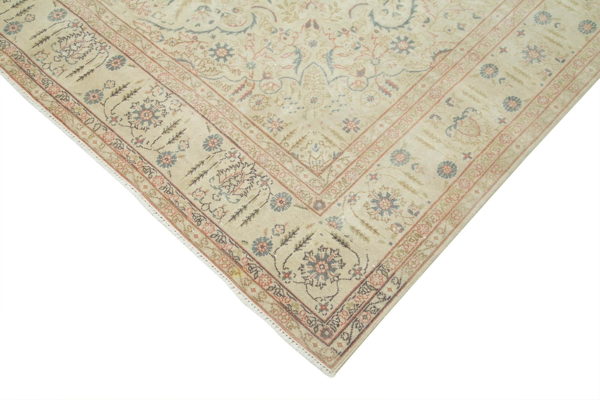 Vintage Handmade Area Rug - Kayseri Hand Woven Rug 6'5'' x 9'8'' Beige Cotton Wool