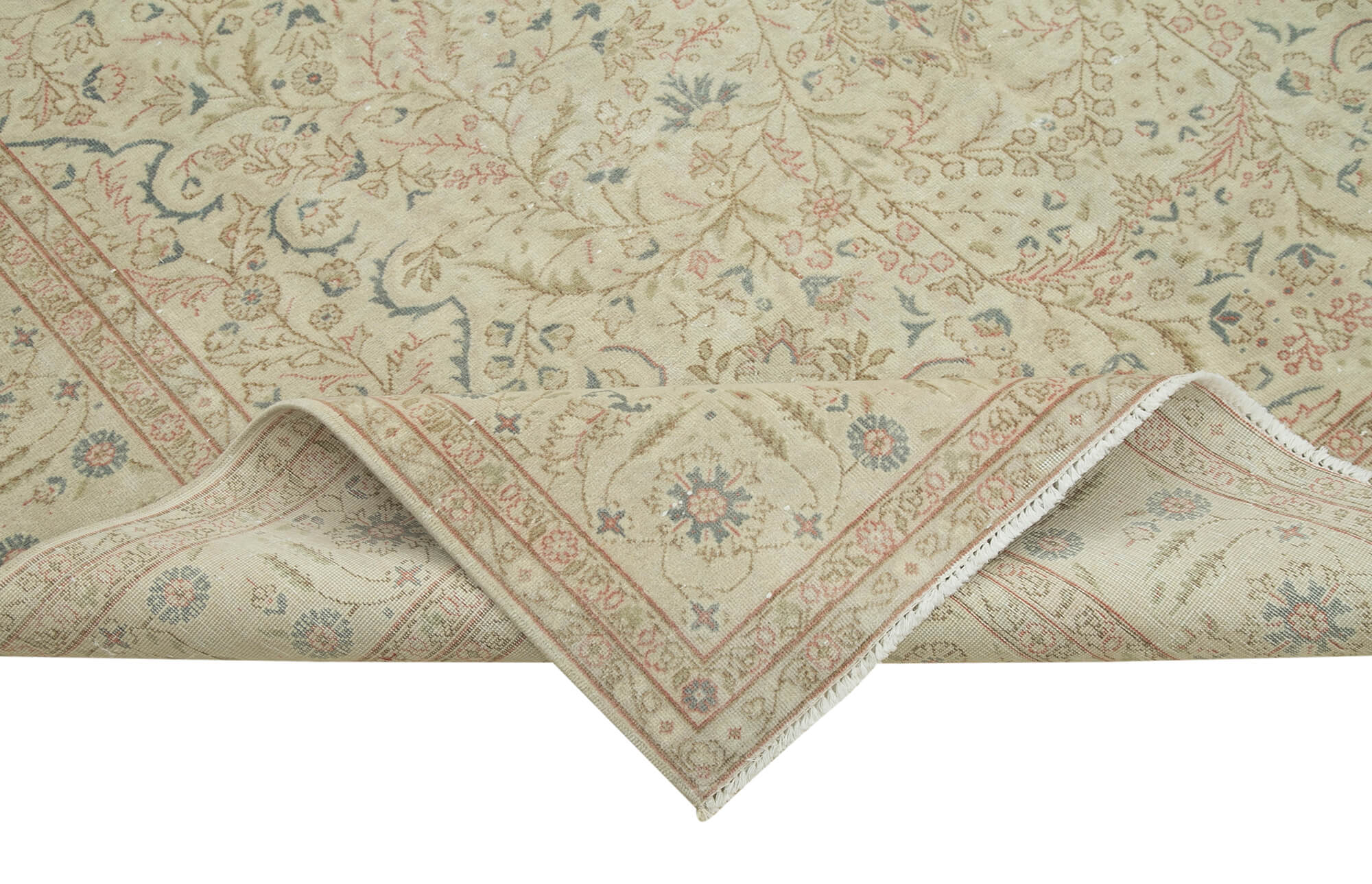 Vintage Handmade Area Rug - Kayseri Hand Woven Rug 6'5'' x 9'8'' Beige Cotton Wool