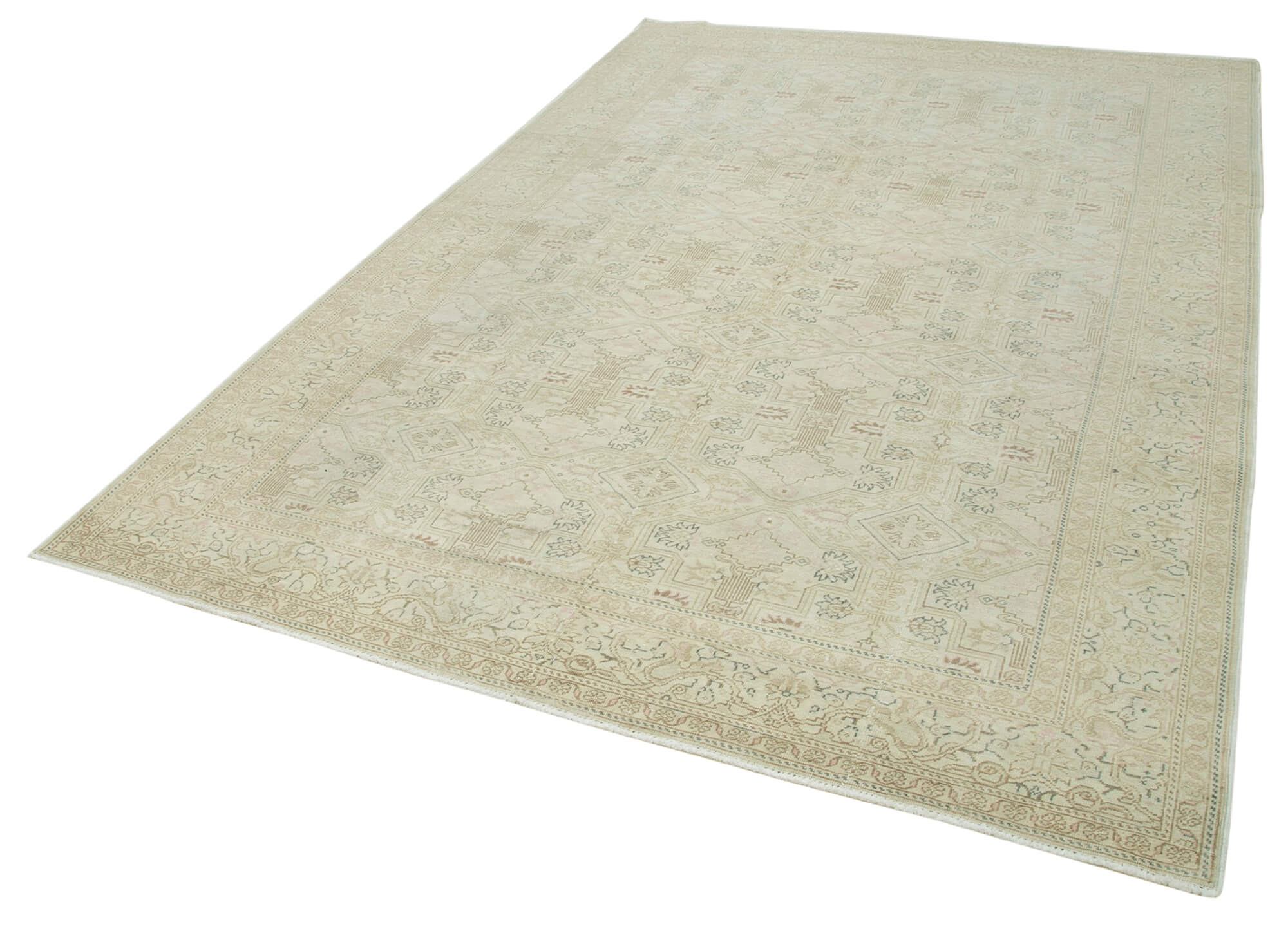 Vintage Cotton Wool Rug - Handmade Area Rug 6'5''x9'9'' Beige Wool Blend