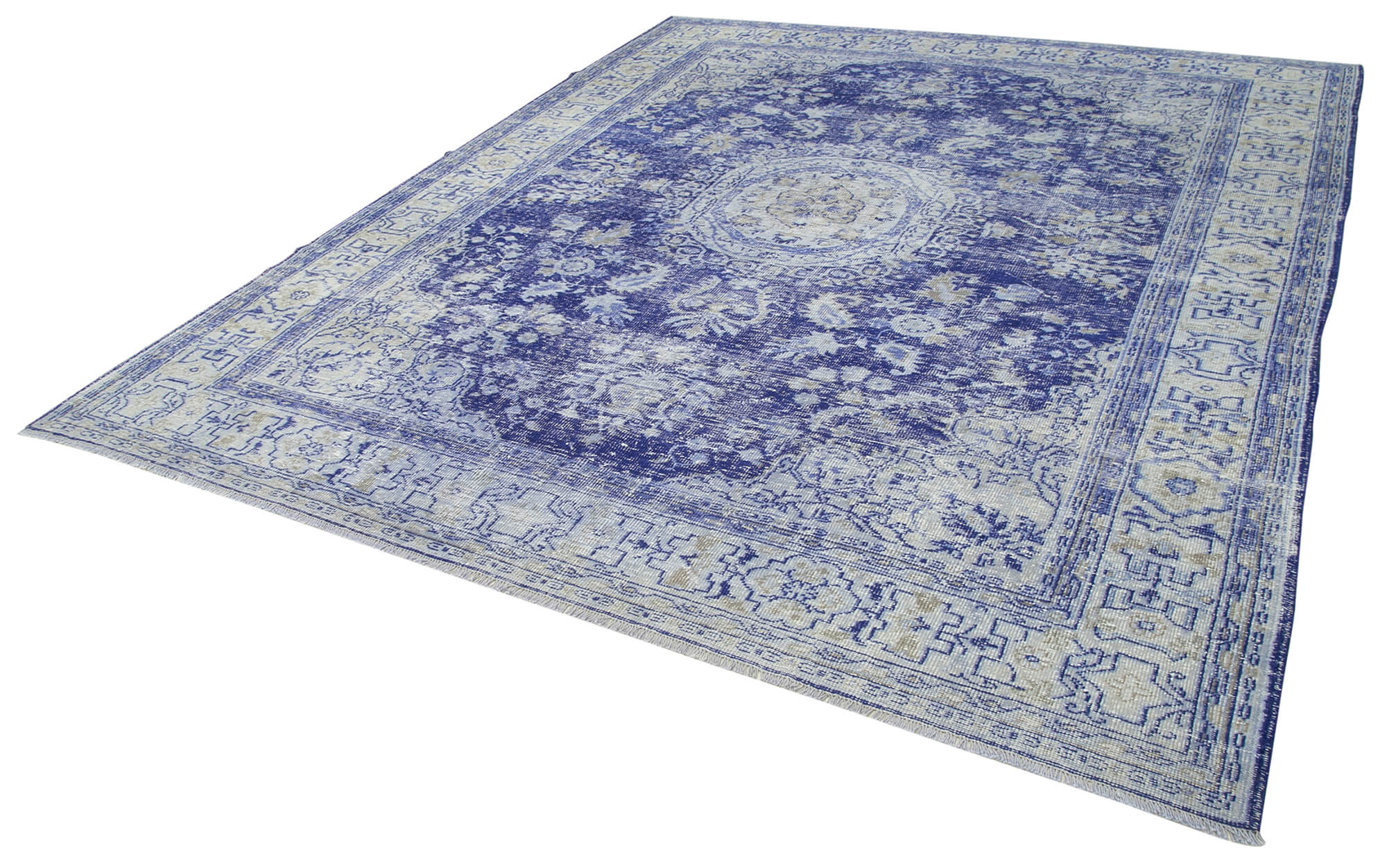 Handmade Vintage Area Rug – Kayseri Blue Turkish Wool Rug 9'4" x 11'0" Classic Cotton Weave