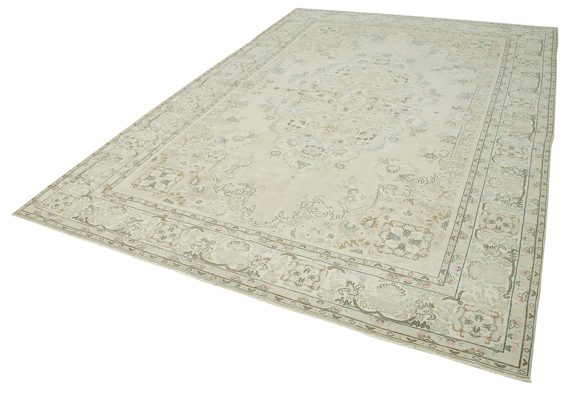 Handmade Wool Area Rug – Beige Vintage Cotton Wool Blend Carpet 7'1''x10'9''