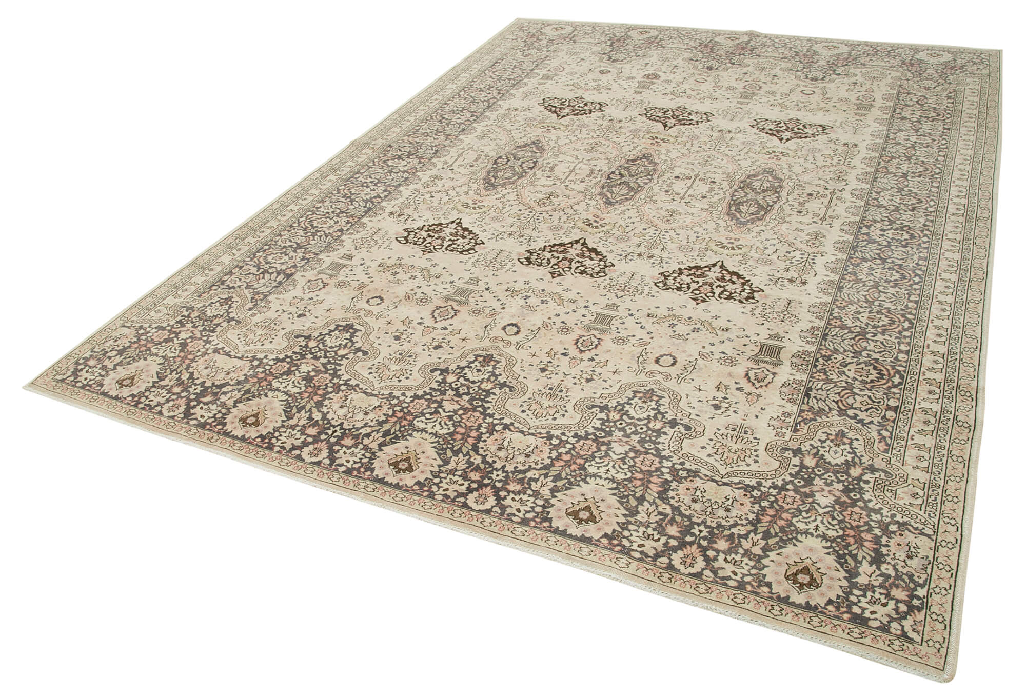 Vintage Cotton Wool Rug – Handmade Area Rug 8x12 Beige Turkish Hand Knotted Carpet