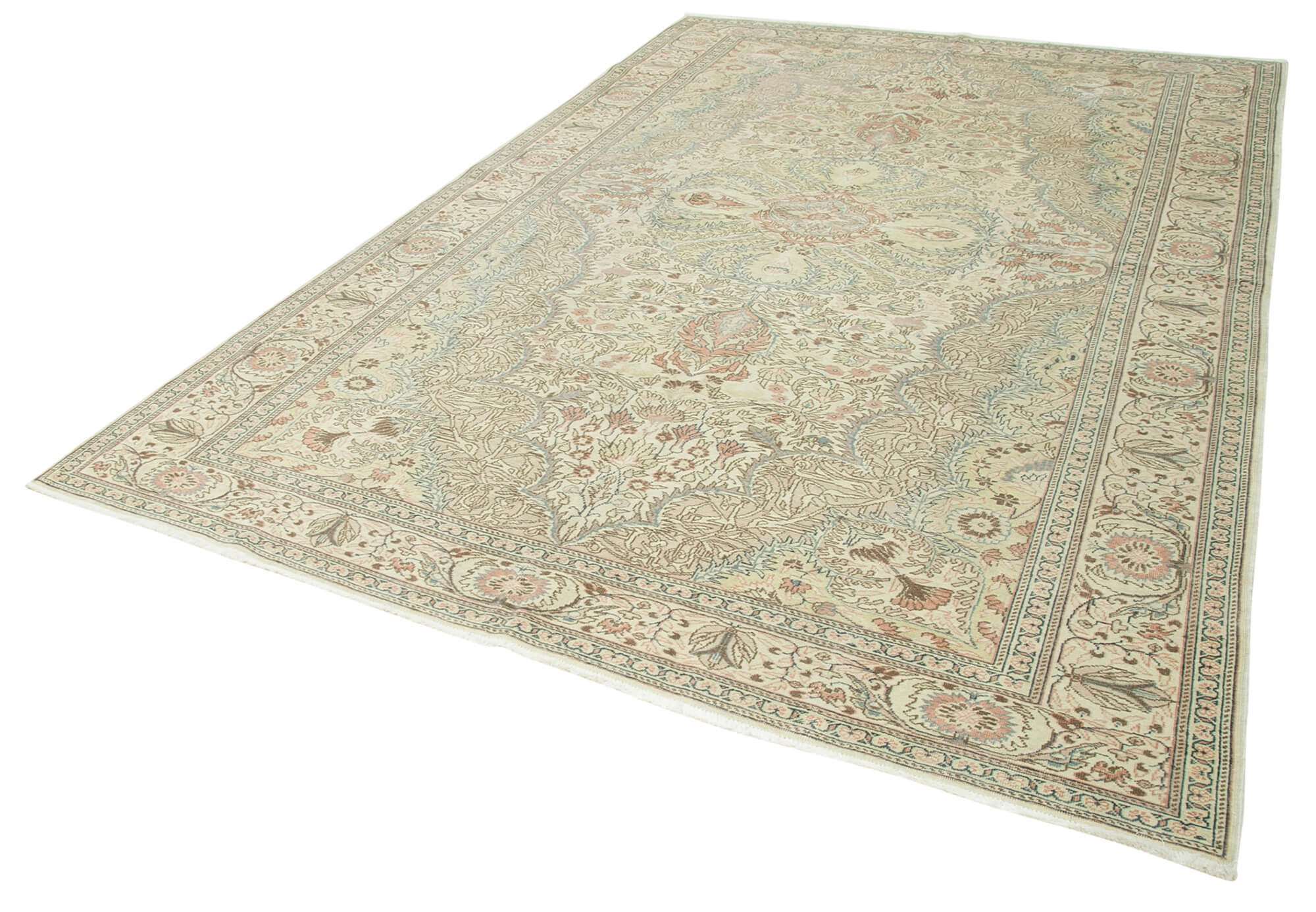Handmade Vintage Area Rug – Kayseri Beige 7x11 Turkish Wool Rug | Soft Cotton Blend