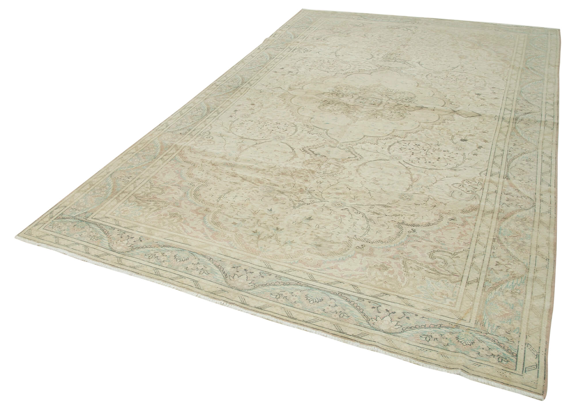 Vintage Cotton Wool Rug - Handmade Area Rug 7'3'' x 11'11'' Beige Wool Carpet