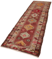 Handmade Vintage Area Rug – Red Herki Carpet | Turkish Wool Cotton Rug 2'9''x11'1''