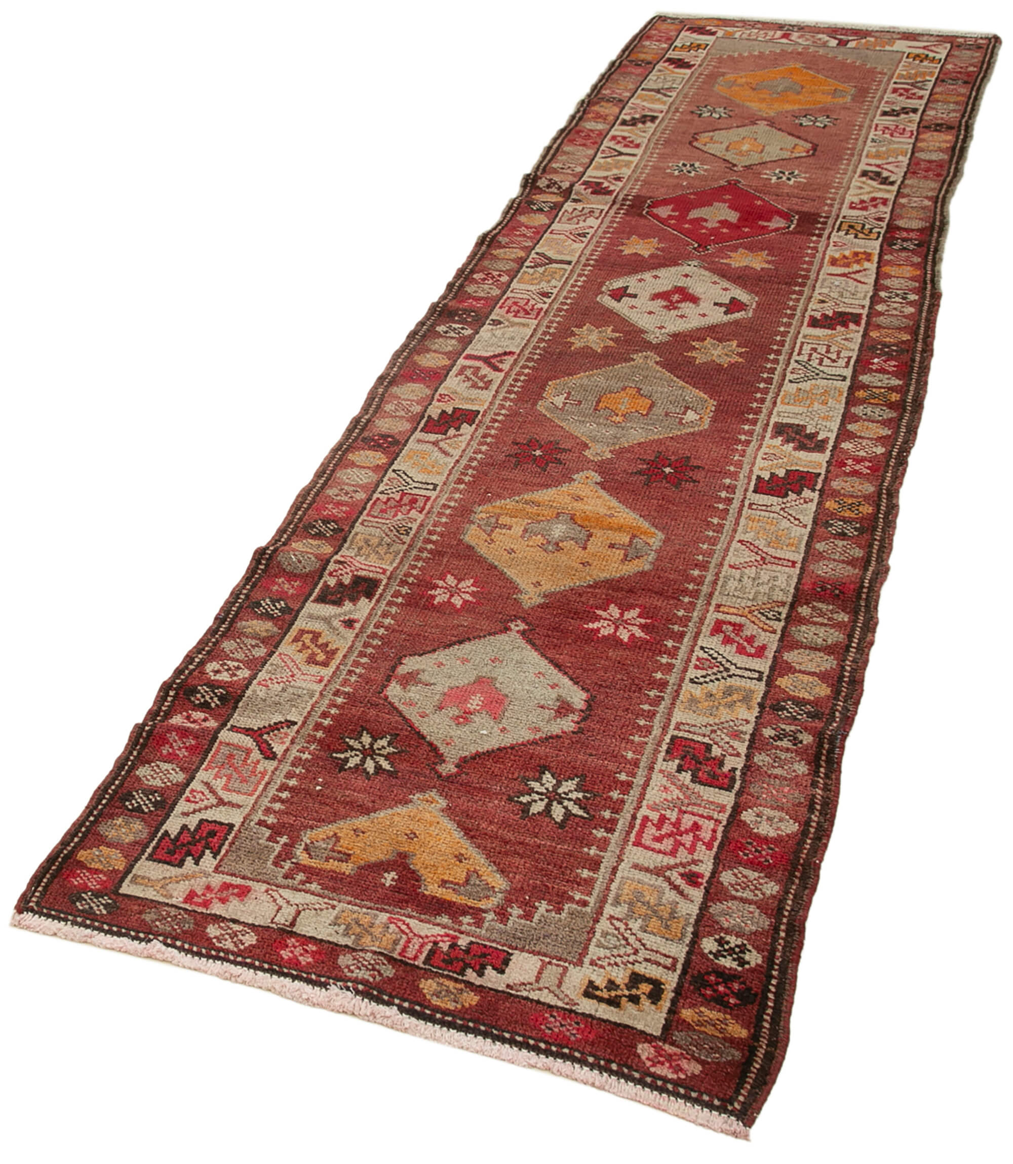 Handmade Vintage Area Rug – Red Herki Carpet | Turkish Wool Cotton Rug 2'9''x11'1''
