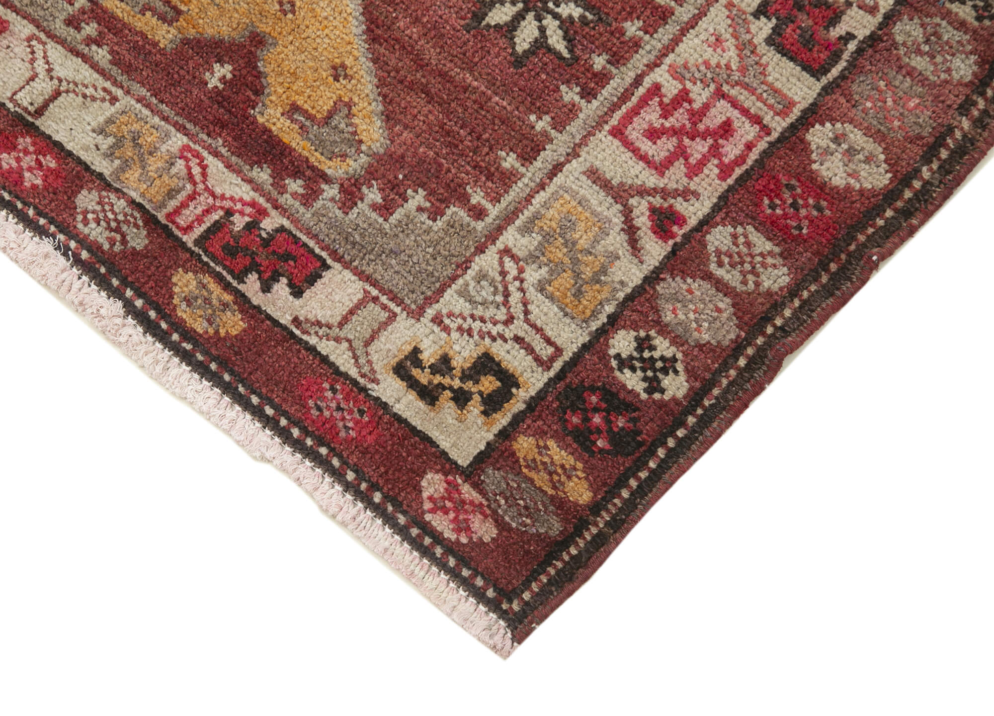 Handmade Vintage Area Rug – Red Herki Carpet | Turkish Wool Cotton Rug 2'9''x11'1''