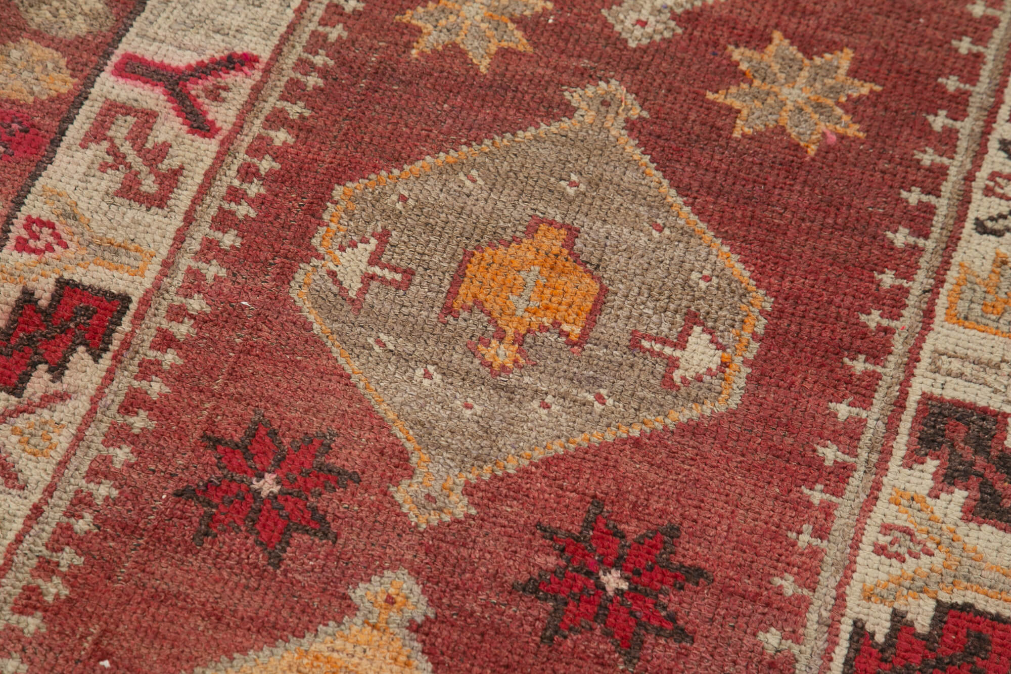 Handmade Vintage Area Rug – Red Herki Carpet | Turkish Wool Cotton Rug 2'9''x11'1''
