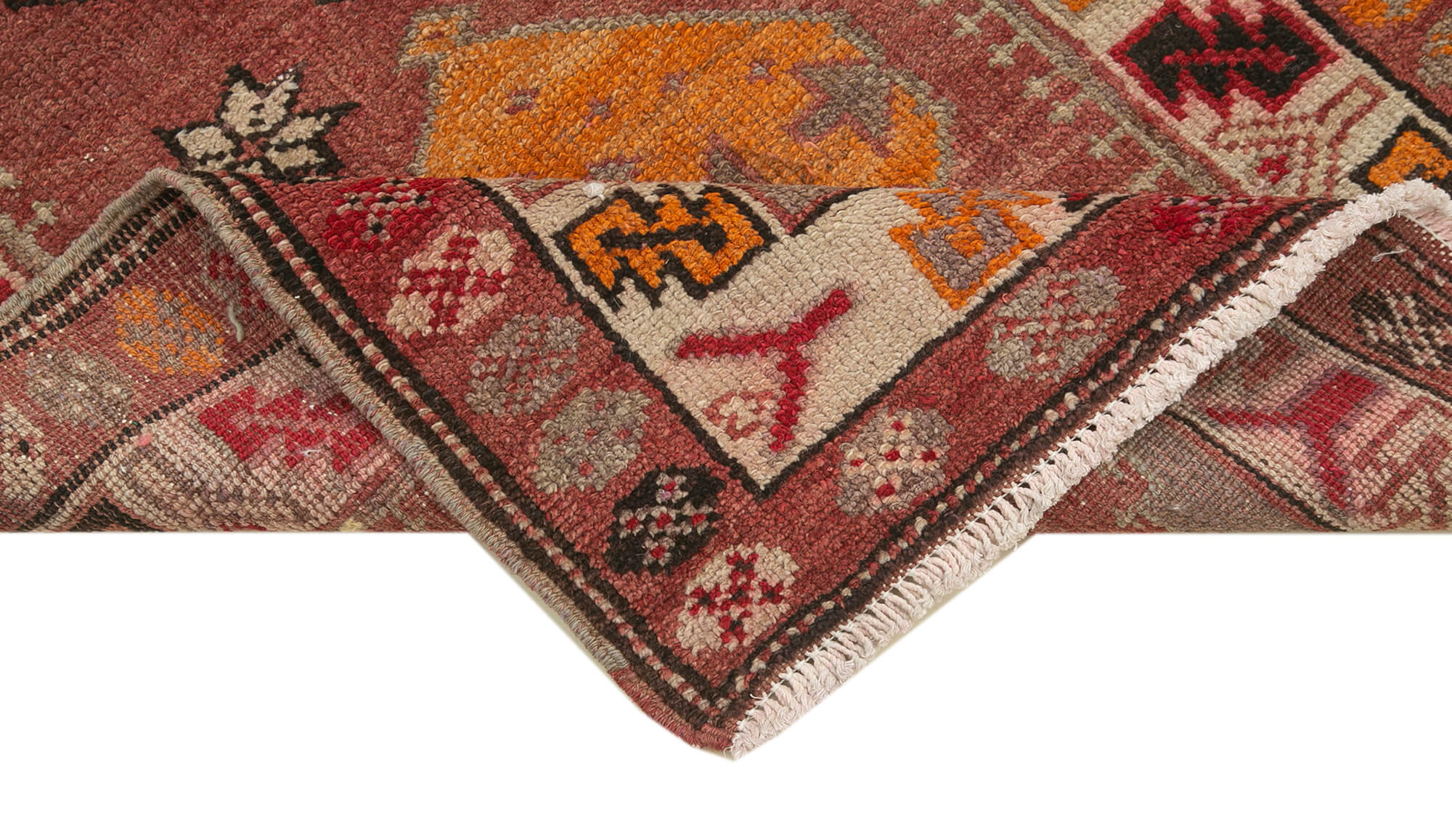 Handmade Vintage Area Rug – Red Herki Carpet | Turkish Wool Cotton Rug 2'9''x11'1''