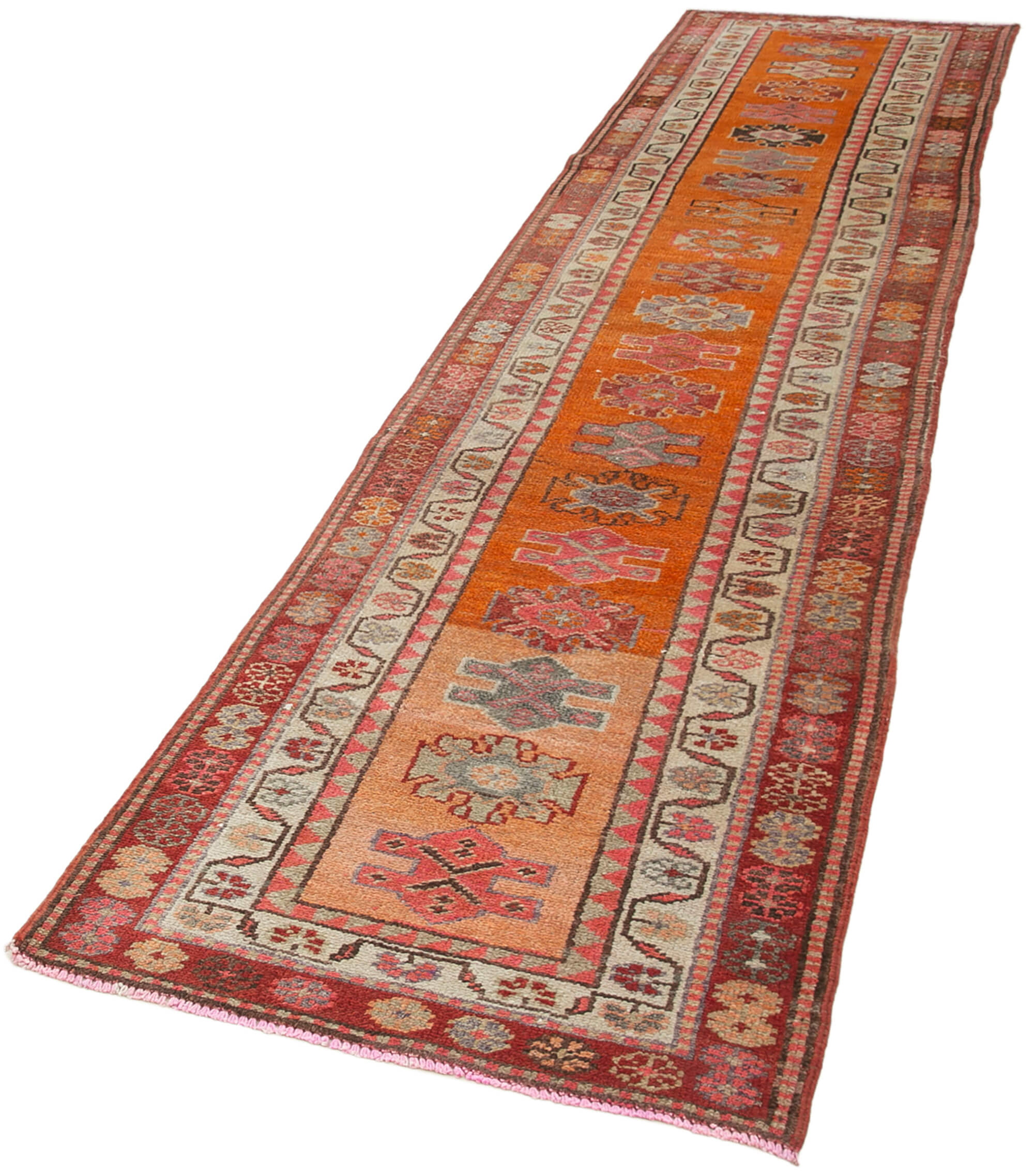 Handmade Vintage Area Rug – Red Herki Carpet, Turkish Wool Rug, Durable Cotton Texture 2'11''x12'9''