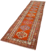 Handmade Vintage Area Rug - Red Wool Turkish Wool Rug, Durable Cotton Carpet 3'1"x12'3"