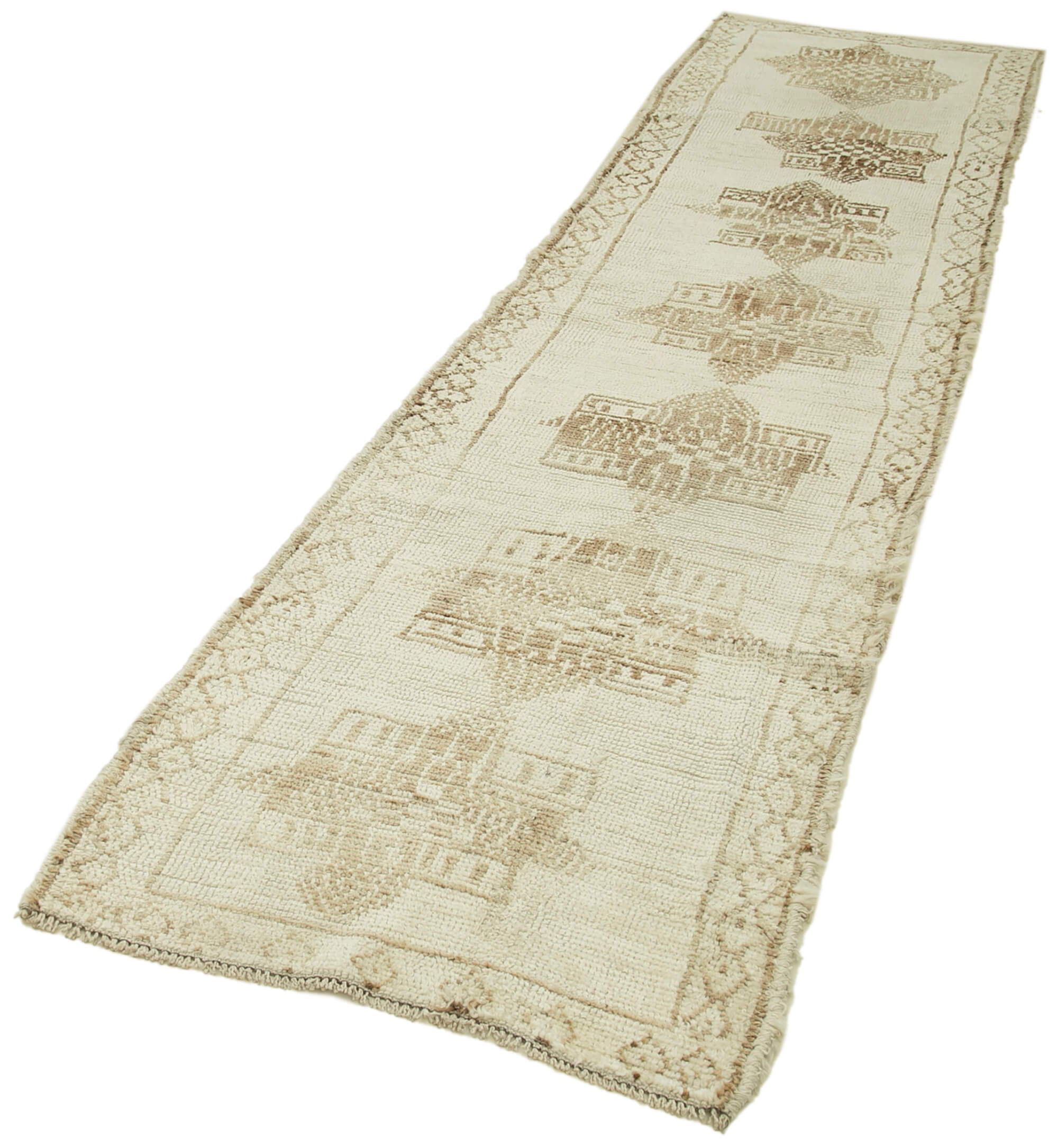 Handmade Vintage Area Rug – Neutral Beige Cotton Wool Blend Turkish Hand Knotted Runner 2'9''x11'5''