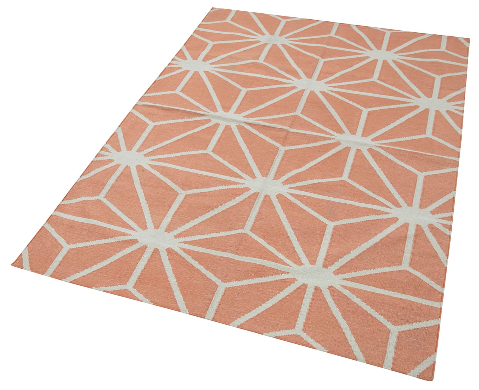 Handmade Area Rug - Orange Geometric Cotton Wool Vintage Turkish Carpet 3'8''x5'5''