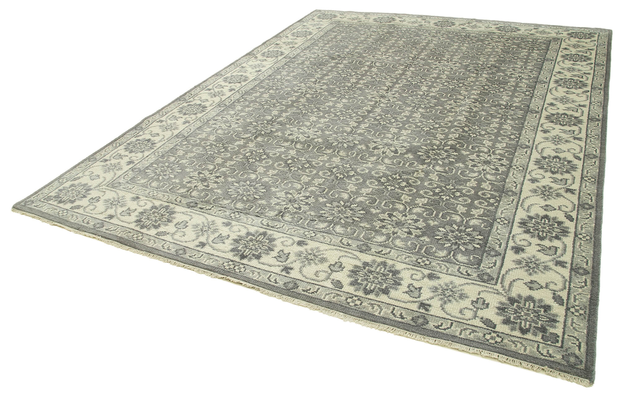 Handmade Wool Area Rug – Tebriz Grey Classic Cotton Rug 8'10''x11'11'' Vintage Turkish