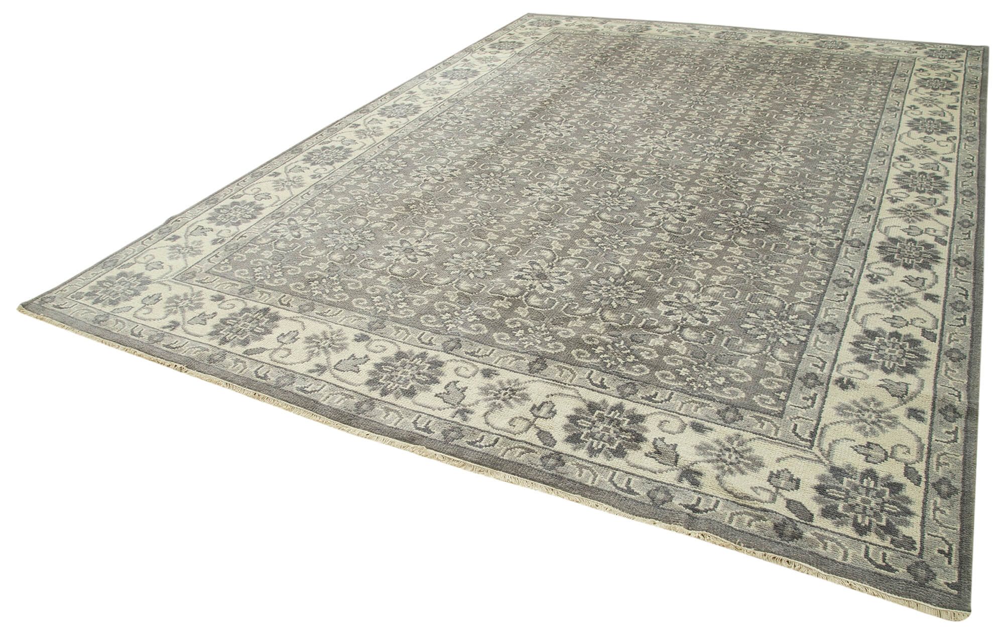 Handmade Wool Area Rug - Tebriz Grey Vintage Turkish Carpet 9'10"x13'10" Classic Cotton Rug