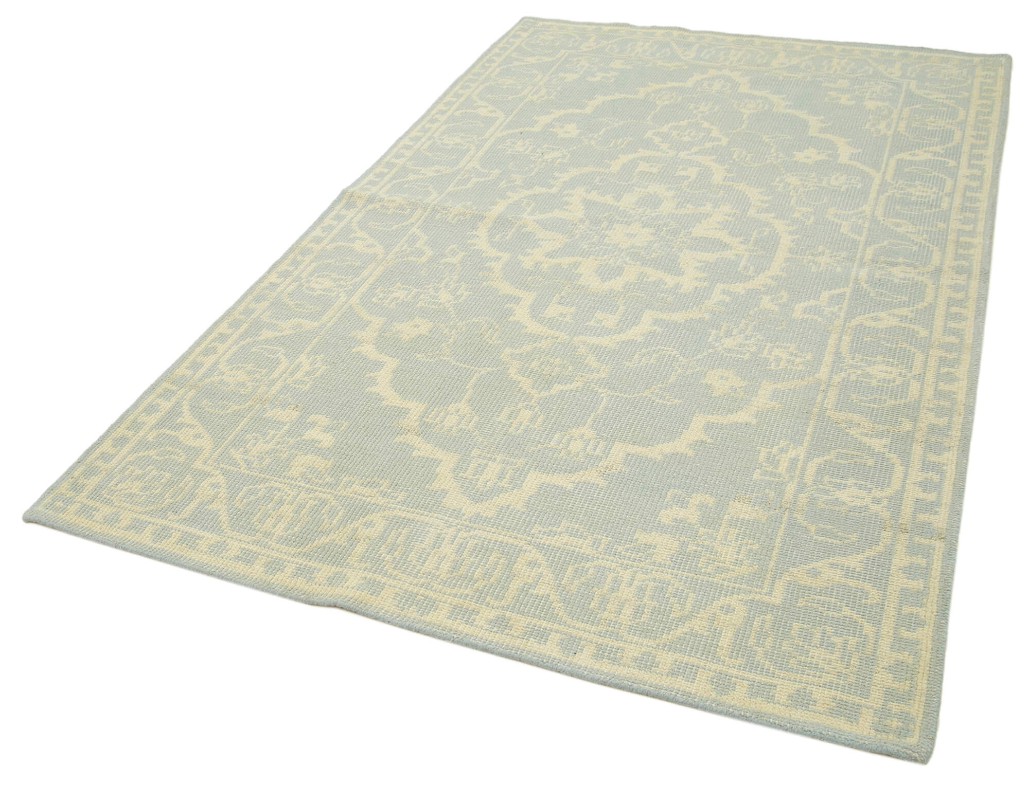 Handmade Wool Area Rug – Classic Beige Carpet, Durable Cotton Weave, 4'11''x8'1''