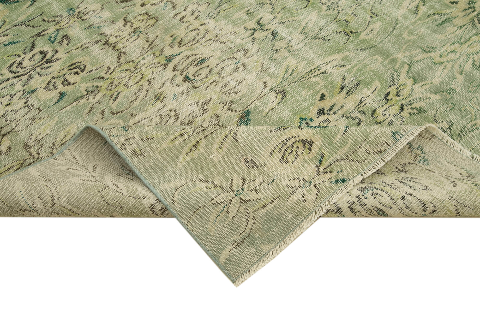 Handmade Wool Area Rug - Vintage Cotton Rug Green 7'3'' x 11'0'' Classic Living Room