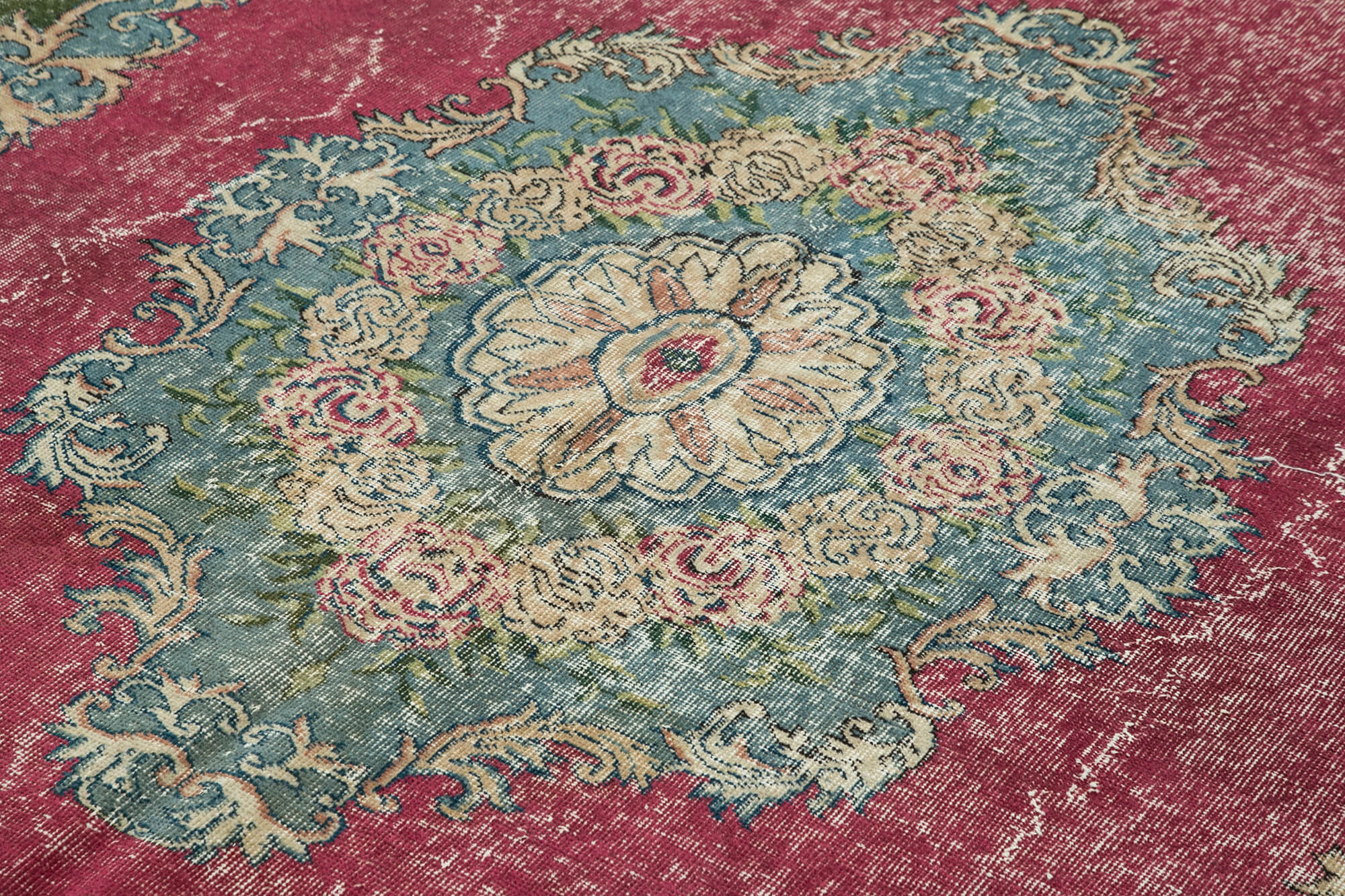 Handmade Wool Area Rug – Vintage Cotton Rug 7'0''x10'1'' Beige Bohemian Style