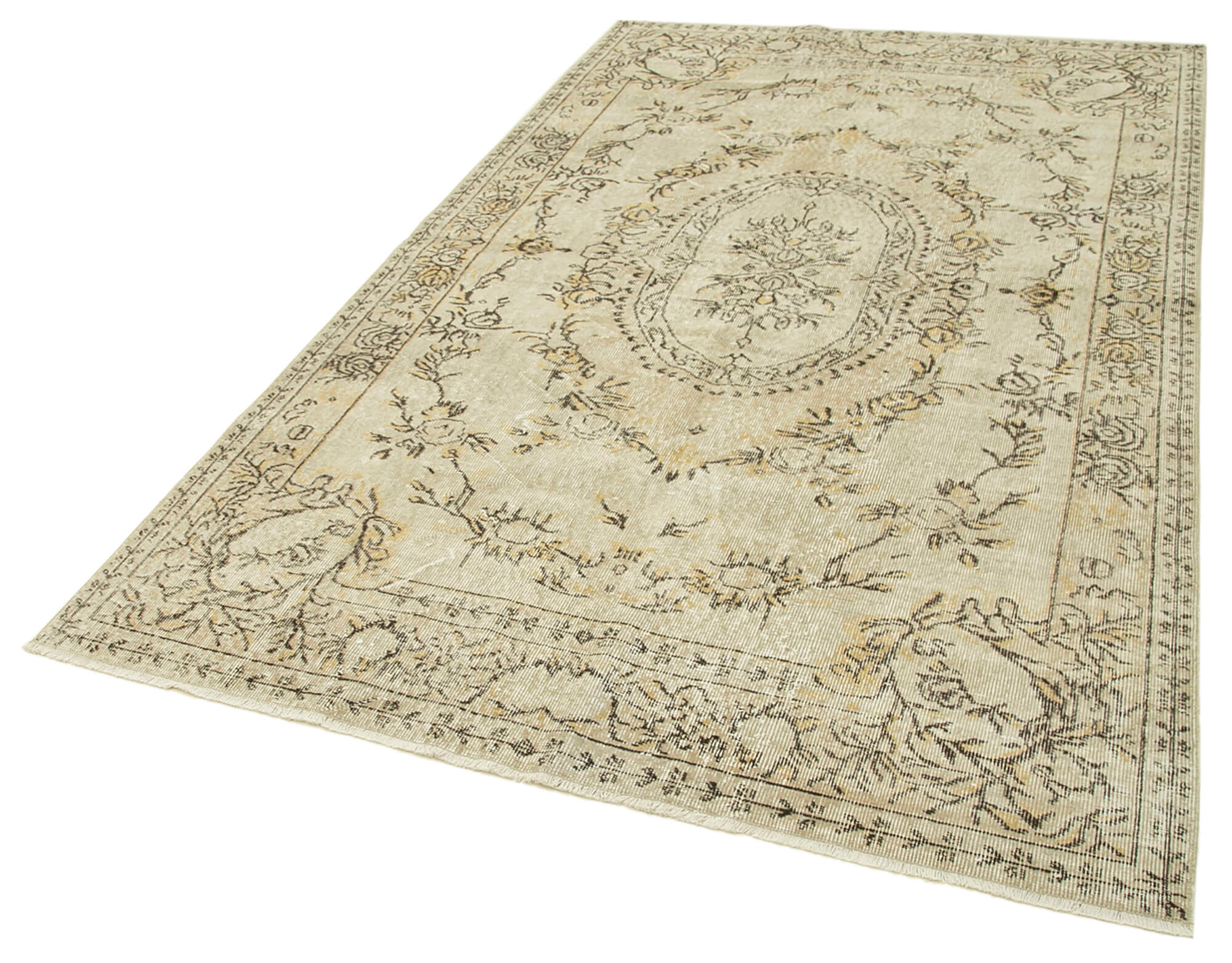 Handmade Wool Area Rug - Vintage Cotton Rug | Beige Neutral Color Carpet 5'3''x8'7''