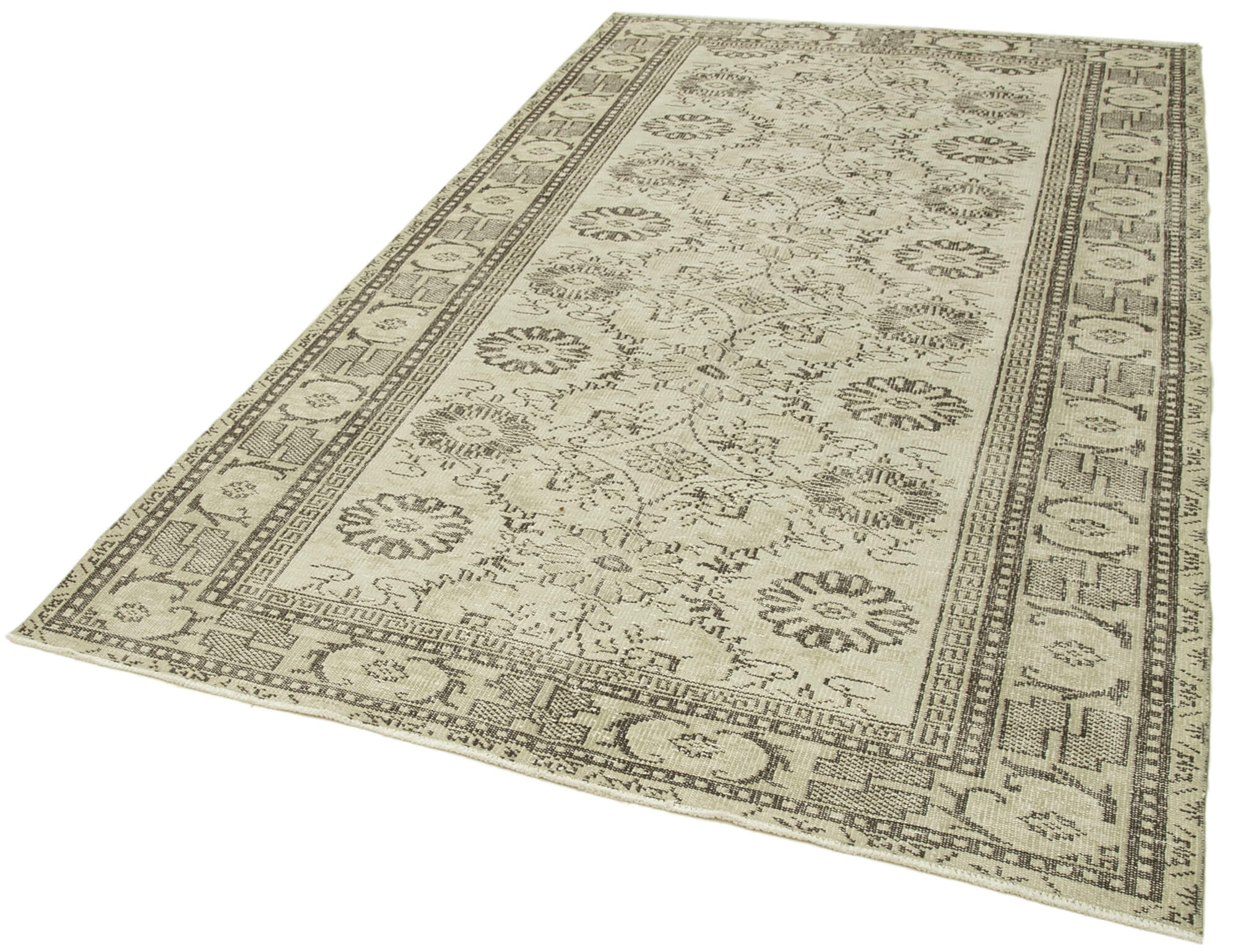 Handmade Vintage Area Rug - Beige Wool Carpet With Durable Cotton Weave 5'7''x9'1''