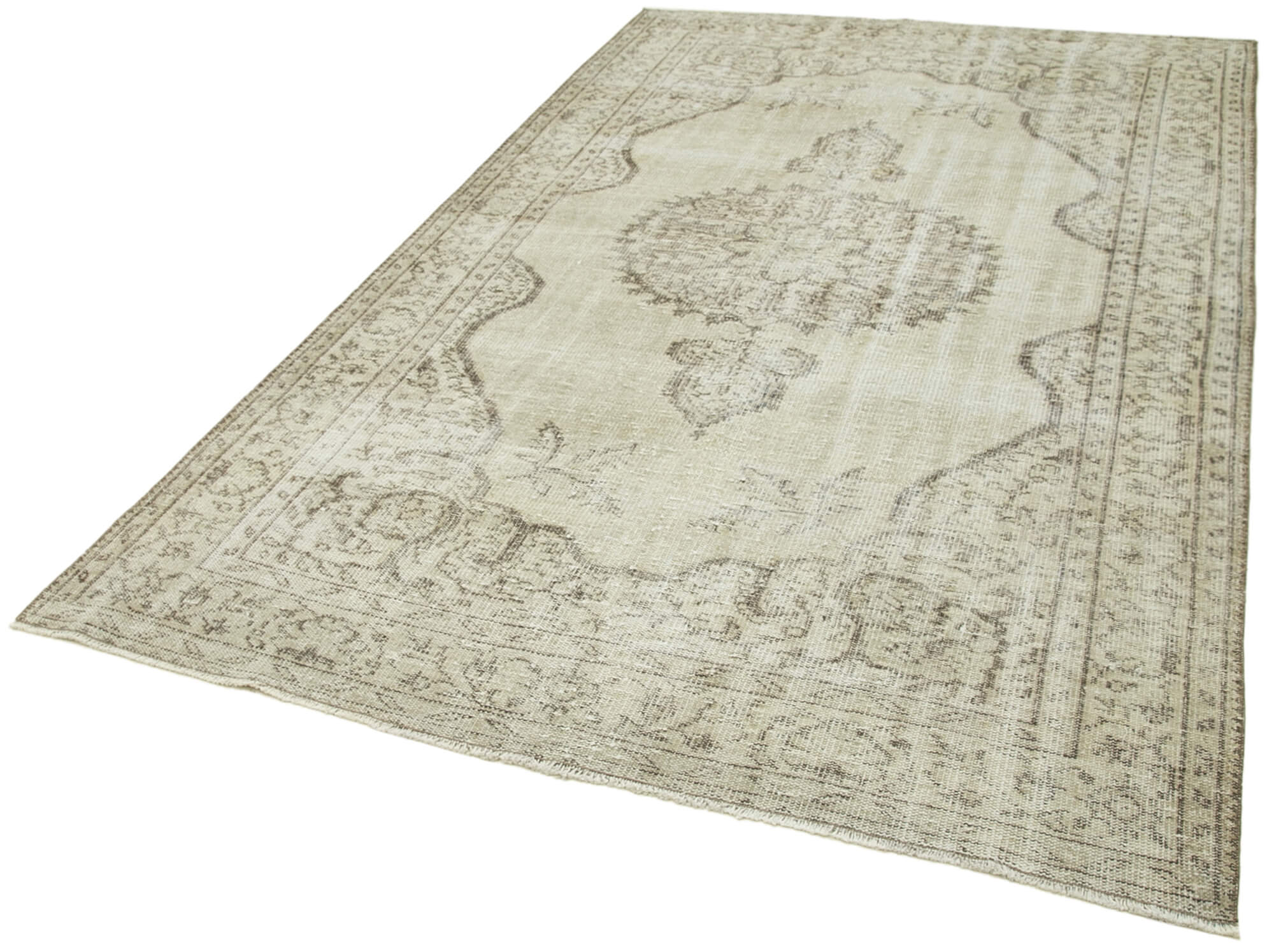 Handmade Vintage Area Rug – Neutral Beige Turkish Hand Knotted Cotton Wool Carpet 5'7''x8'11''