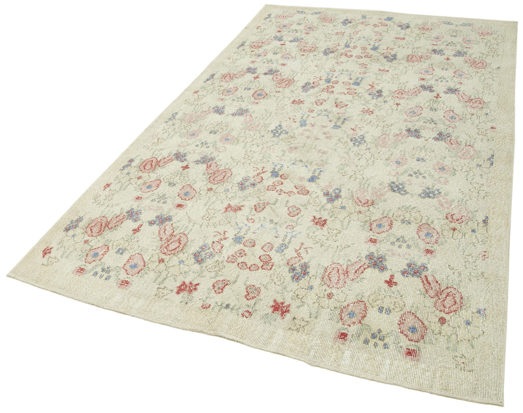 Handmade Vintage Area Rug – Beige Wool Carpet | Durable Cotton Carpet 5'1''x8'8''