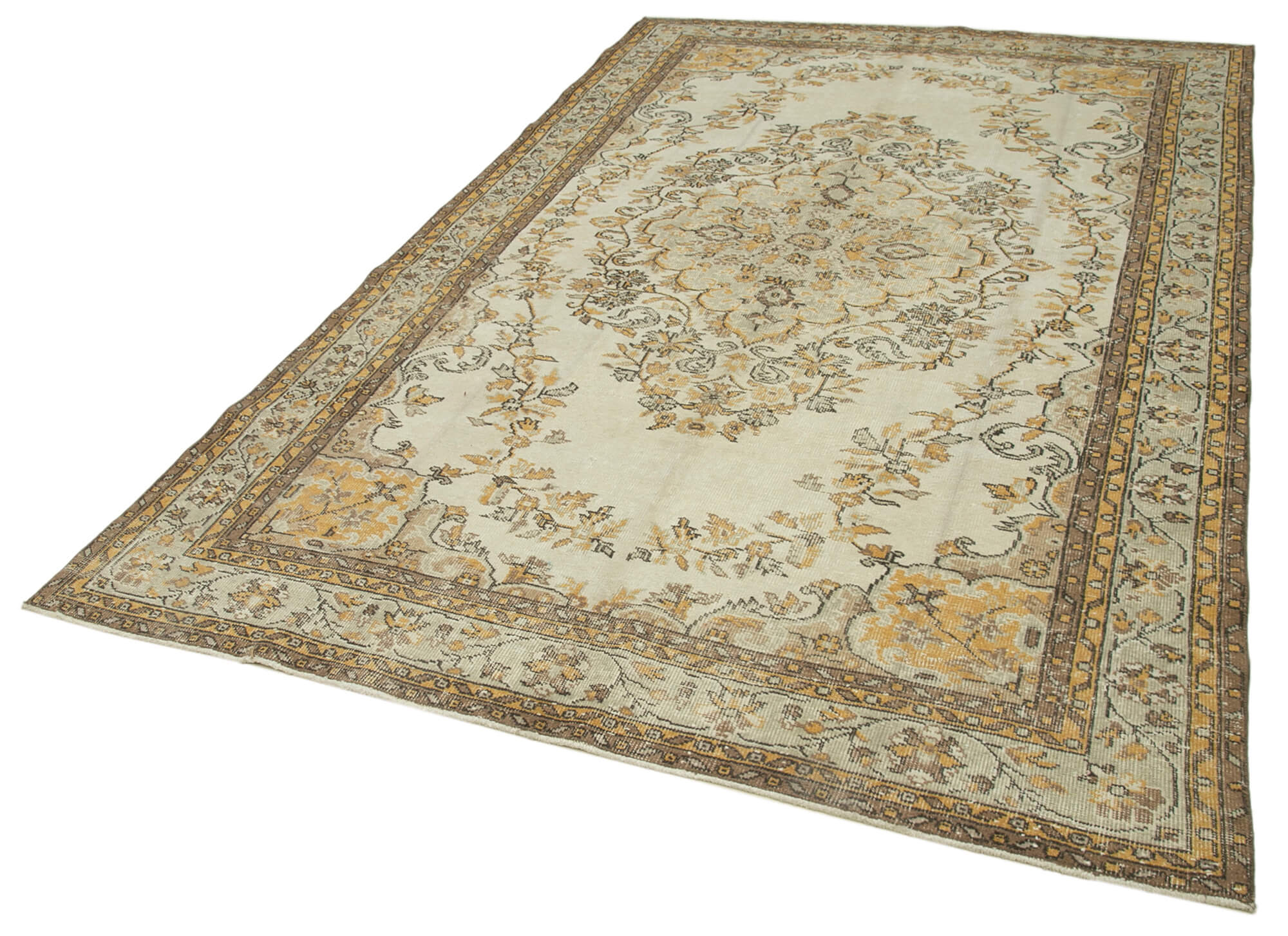 Handmade Vintage Area Rug - Beige Wool Carpet 6'x9'7'' | Turkish Hand Knotted Cotton