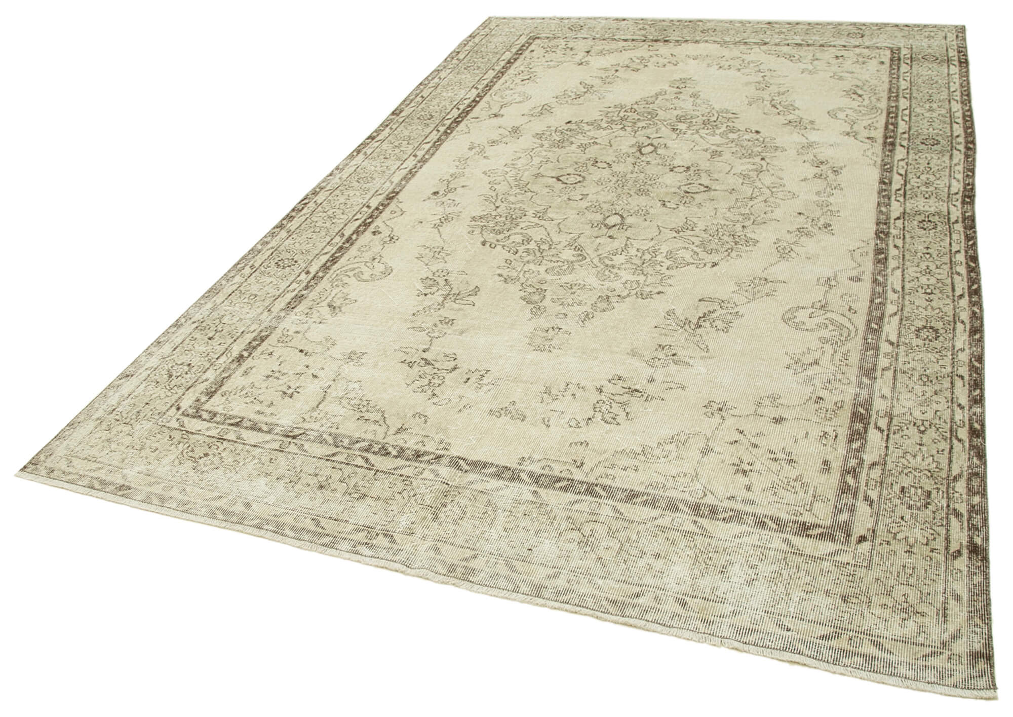 Handmade Vintage Area Rug – Beige Wool Carpet with Durable Cotton Weave 6'3''x9'10''