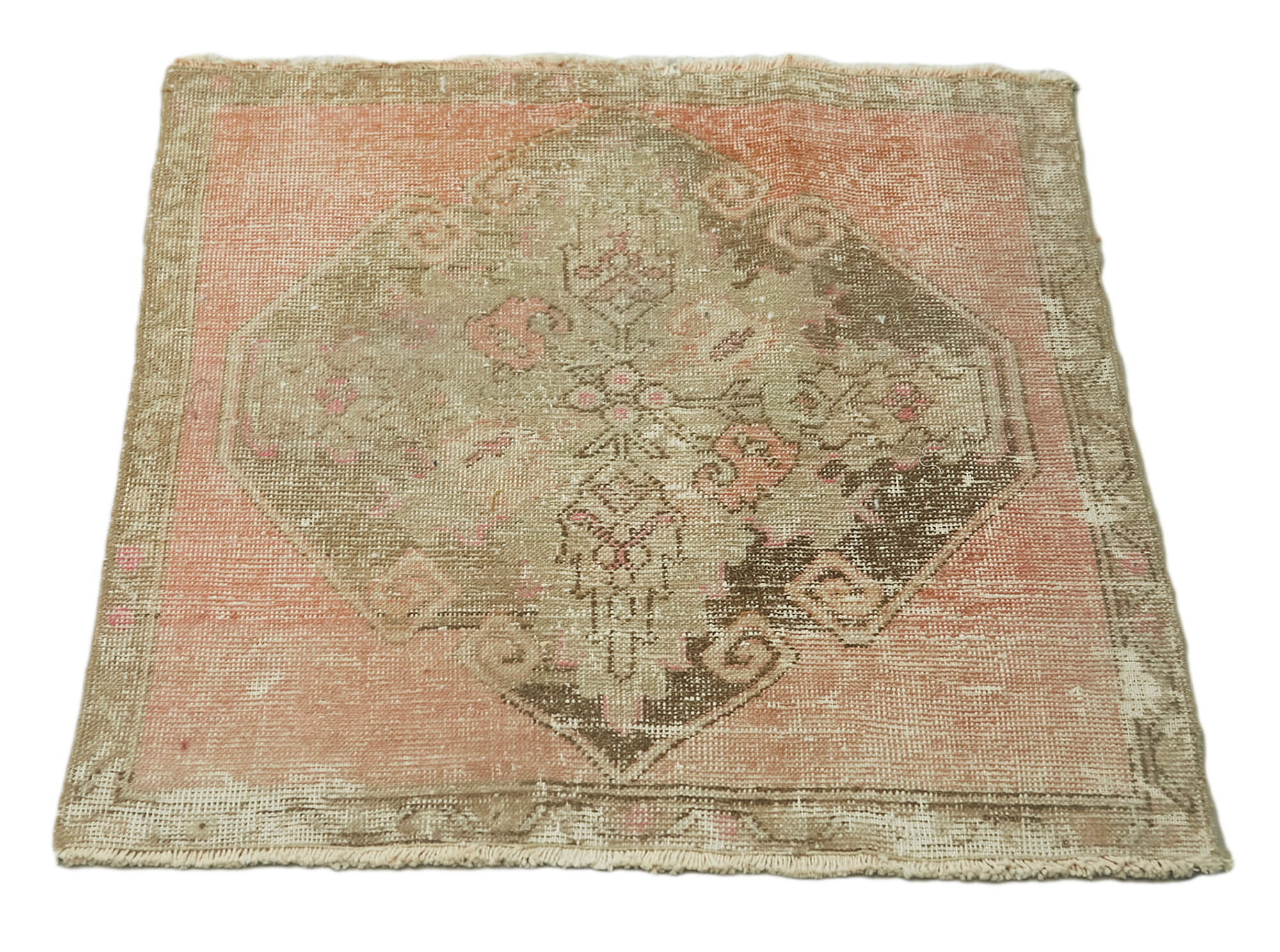 Handmade Vintage Area Rug - Overdyed Beige Wool Cotton Turkish Hand Knotted Small Decorative Rug 2'4"x2'5"