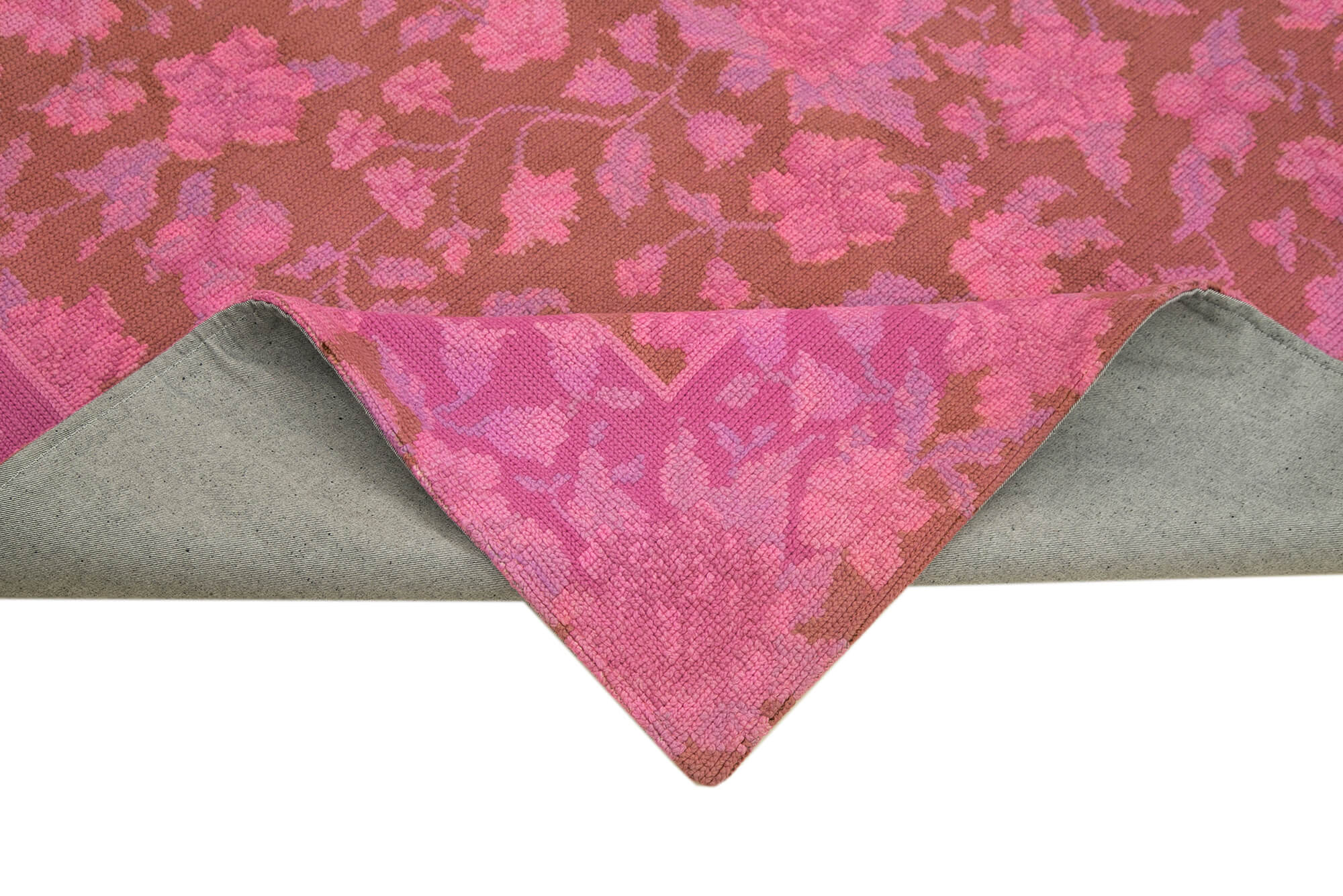 Handmade Wool Area Rug – Pink Floral Rug with Cotton Wool Blend, 5'5''x8'4''