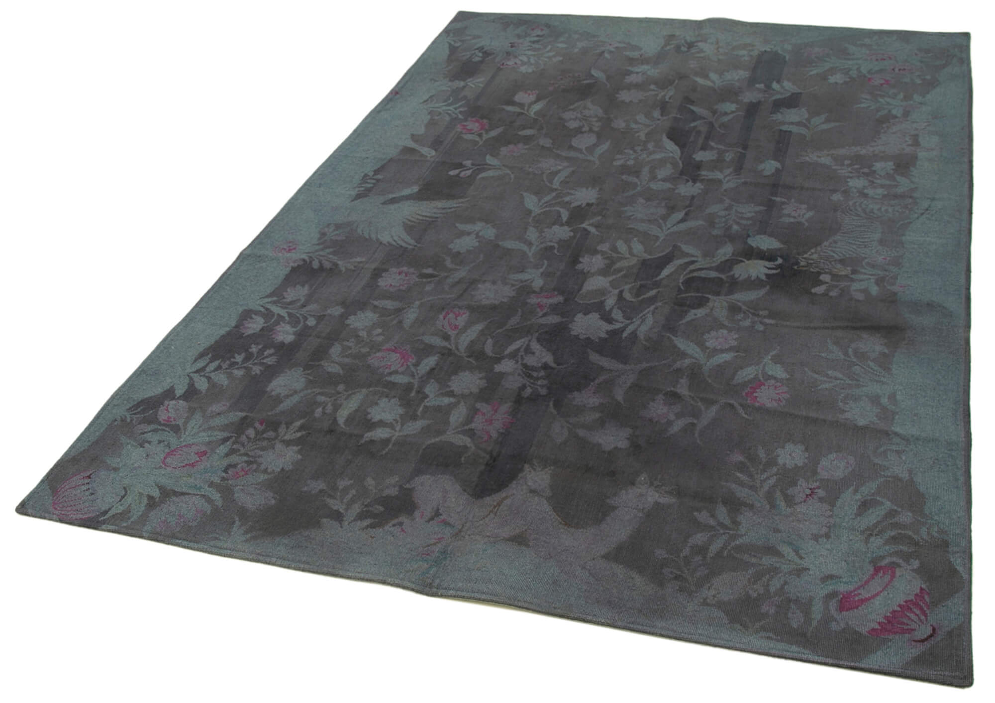 Handmade Wool Area Rug - Vintage Grey Floral Cotton Wool Carpet 5'4''x8'0'' by Agacan