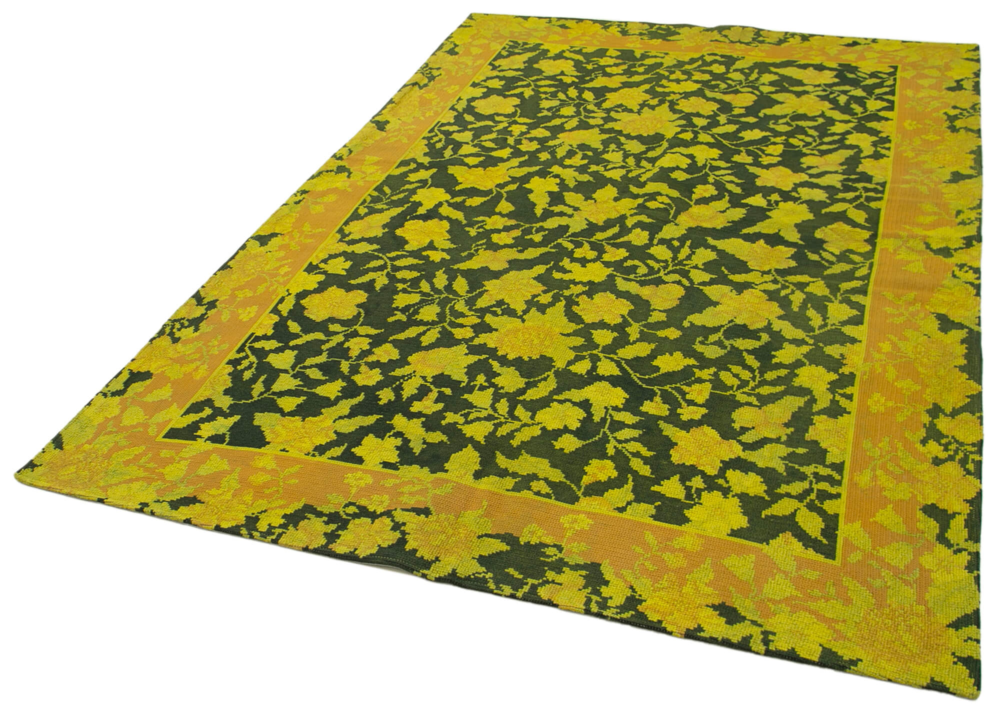 Handmade Wool Area Rug – Yellow Floral Needlepoint Cotton Wool Carpet 5'6''x8'0''