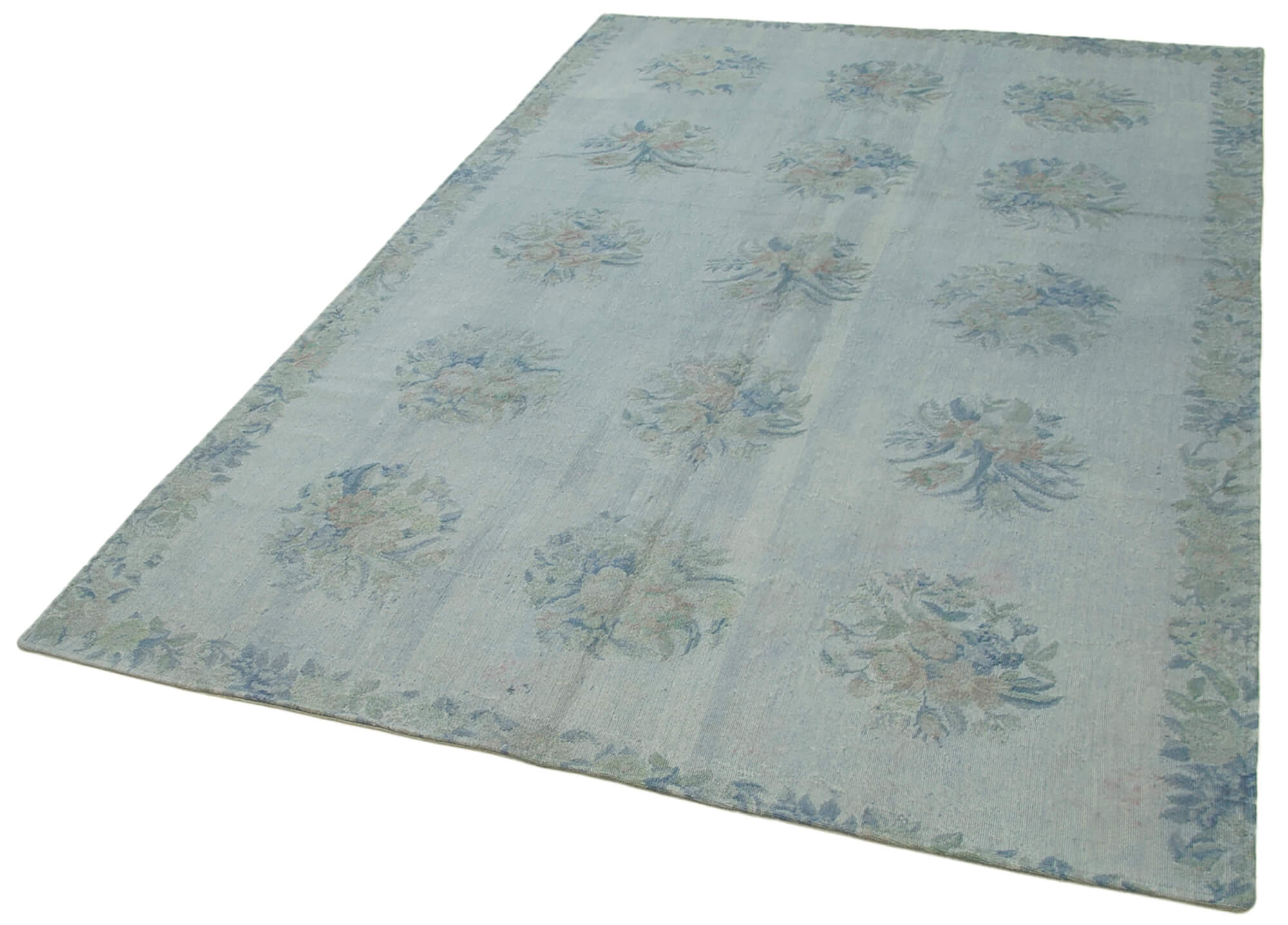 Handmade Wool Area Rug - Vintage Grey Floral Pattern Rug 5'3'' x 7'10''