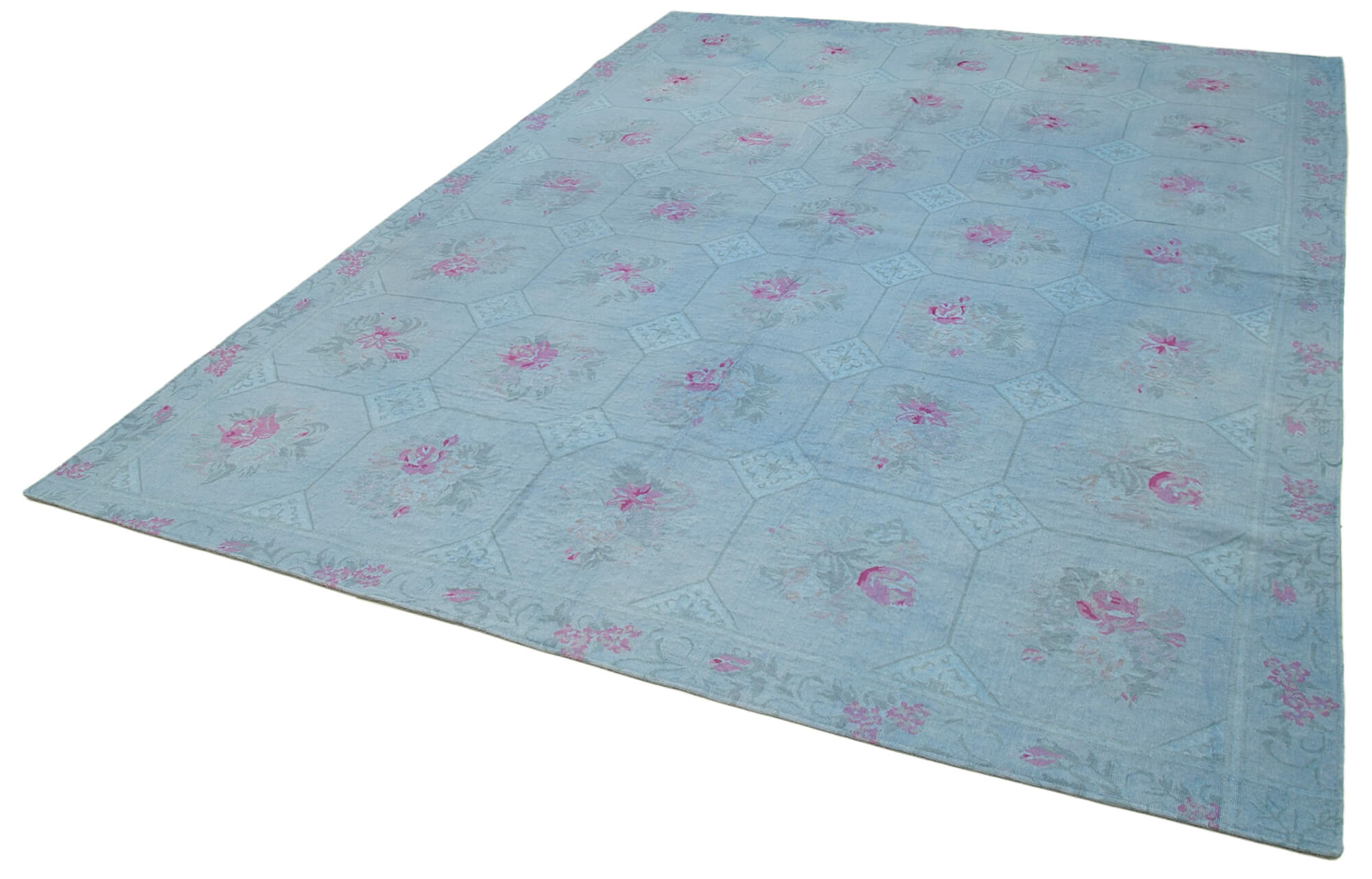 Handmade Wool Area Rug – Blue Floral Rug 8x11 Cotton Wool Carpet, Durable Classic
