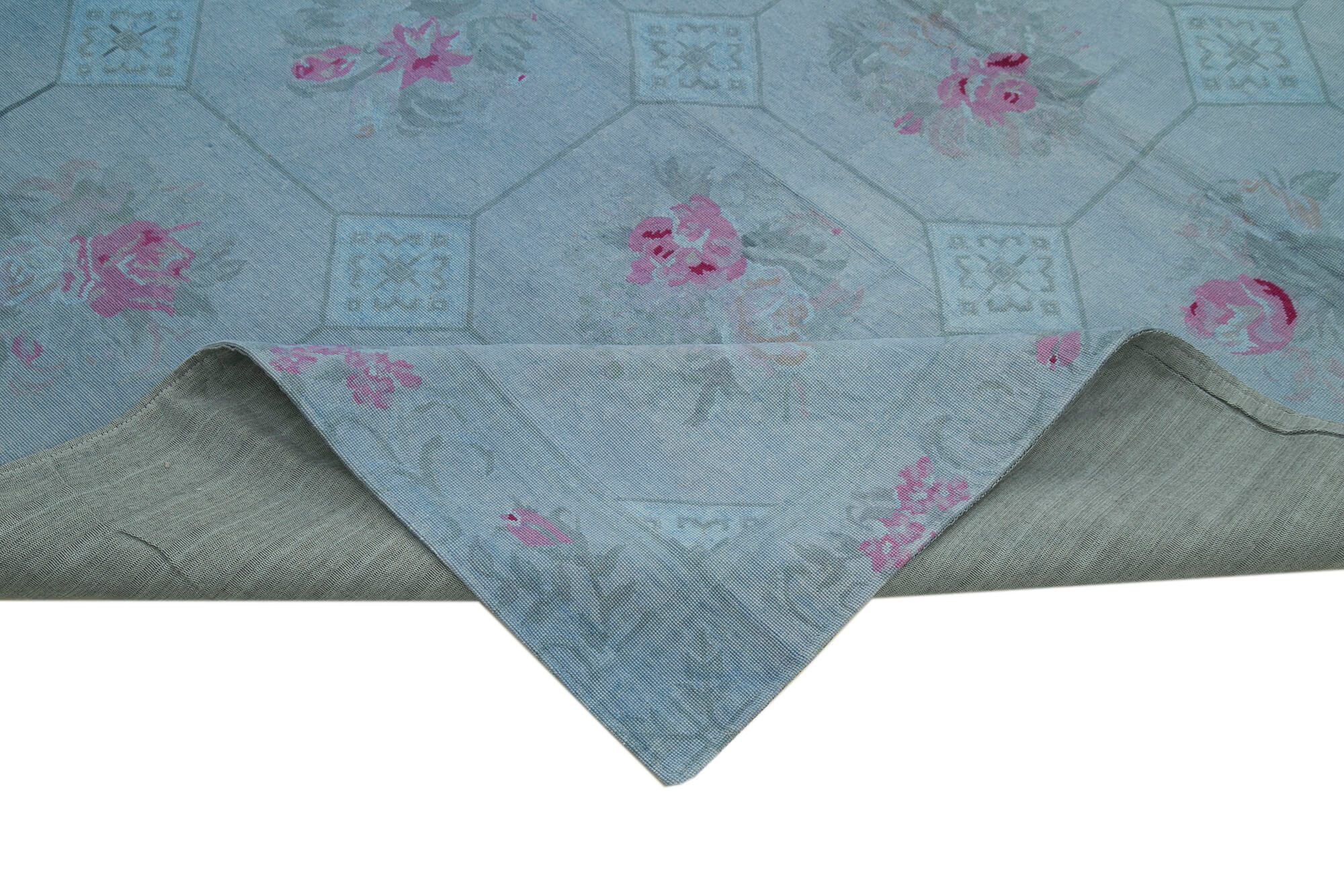 Handmade Wool Area Rug – Blue Floral Rug 8x11 Cotton Wool Carpet, Durable Classic
