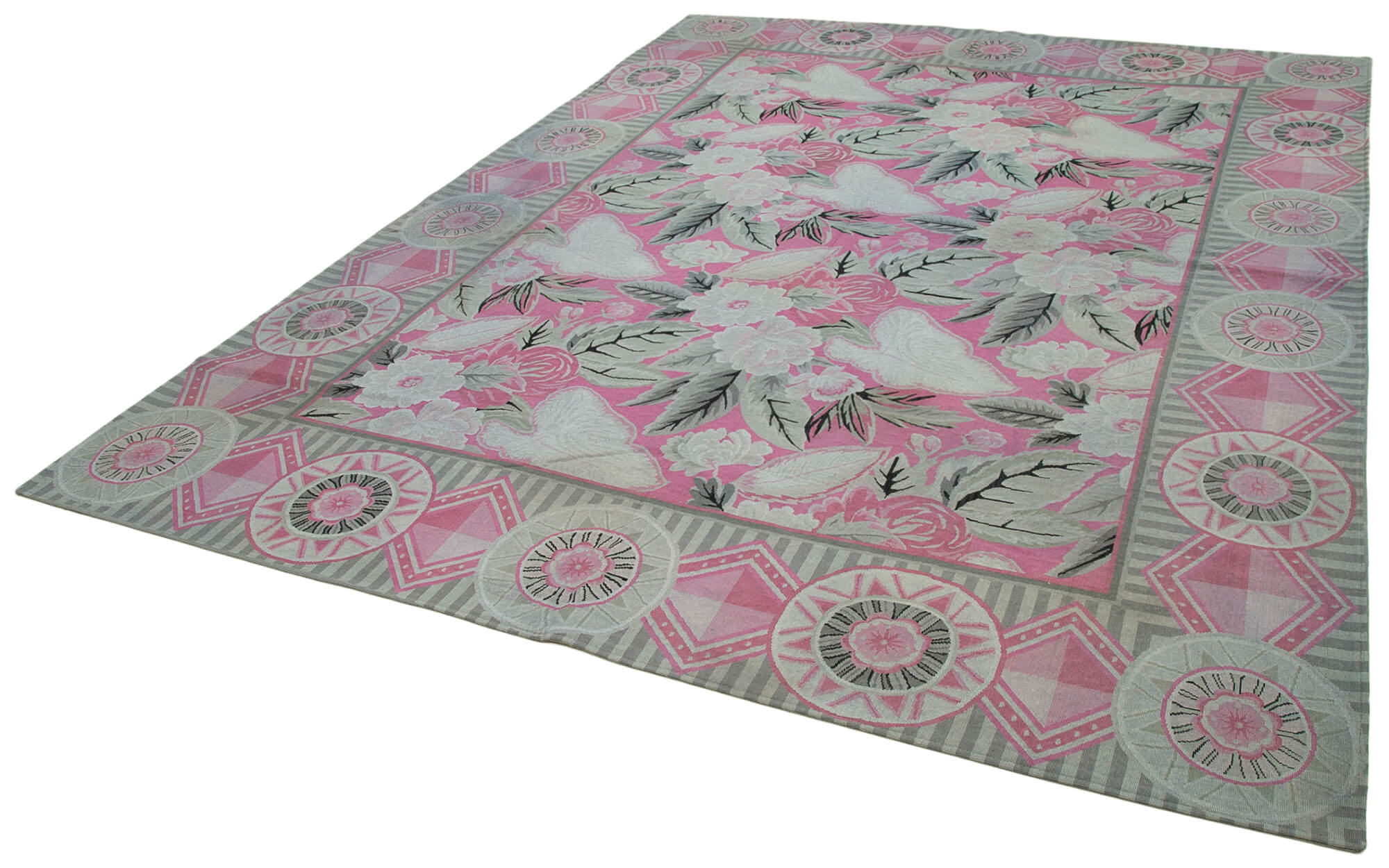 Handmade Wool Area Rug – Vintage Hand Woven Rug with Grey Floral Carpet 8x11