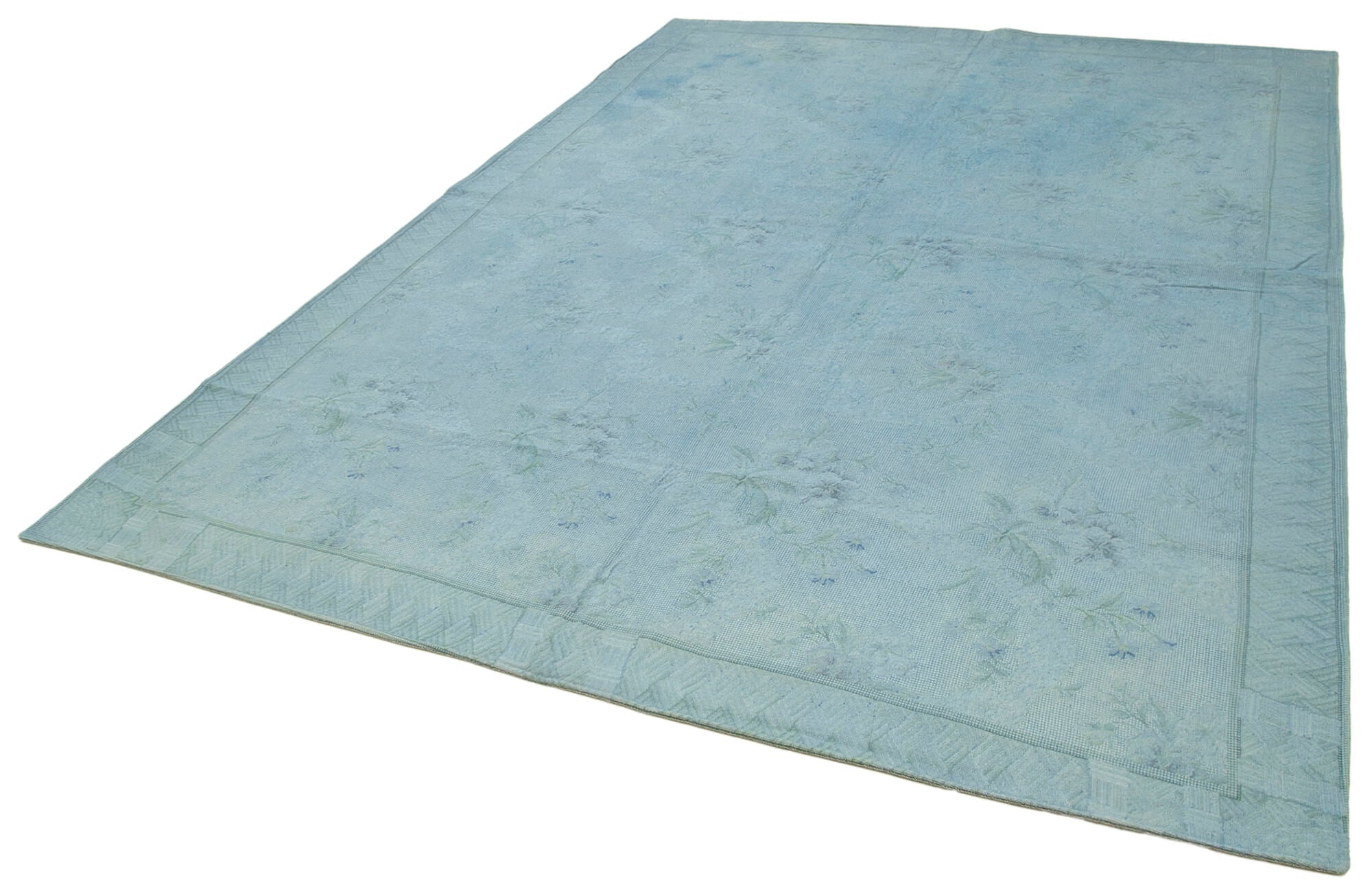 Handmade Area Rug – Blue Floral Cotton Wool Vintage Turkish Carpet 8'1''x11'1''