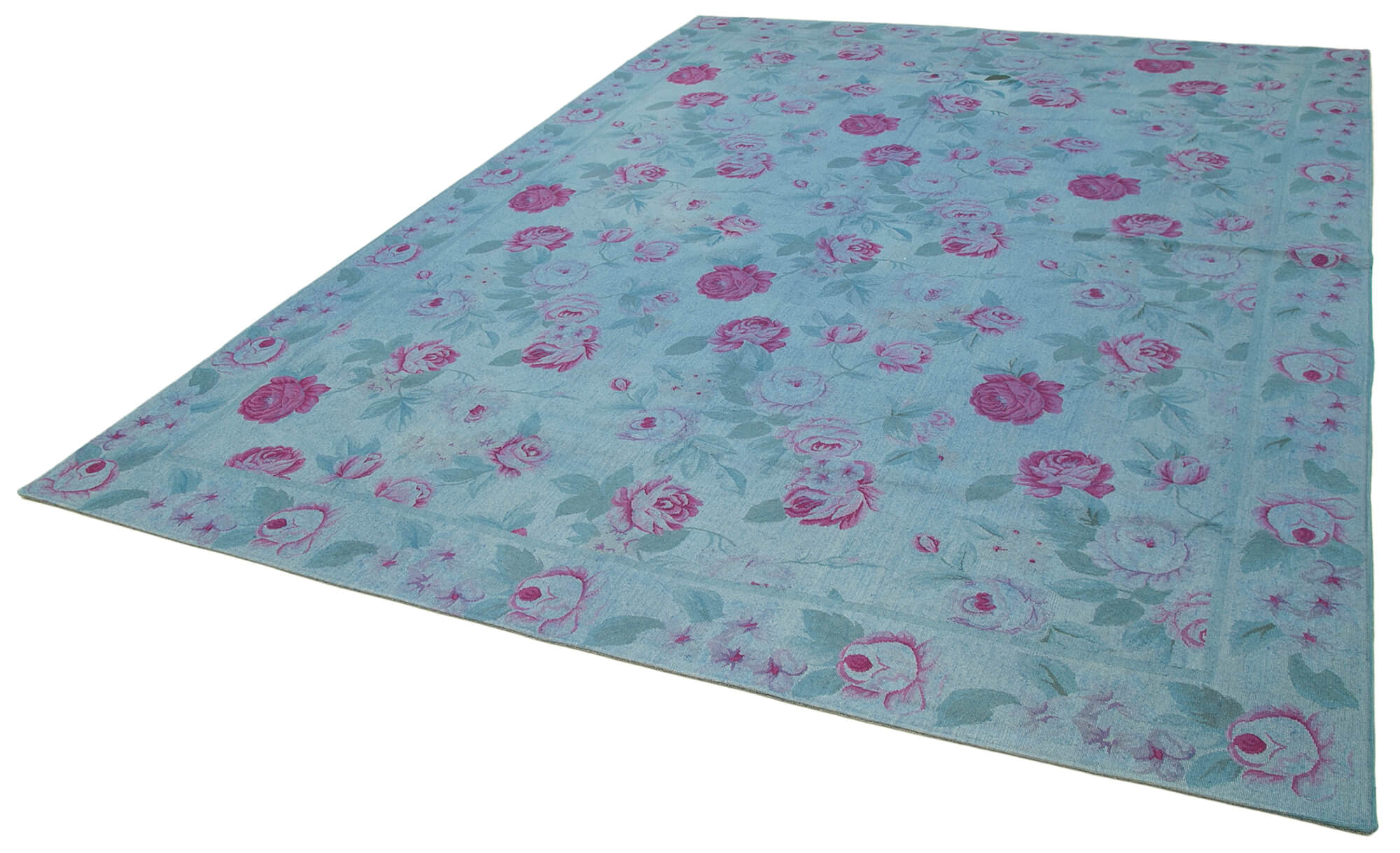 Handmade Wool Area Rug – Blue Floral Rug with Durable Cotton Wool Carpet 8'2''x11'1''