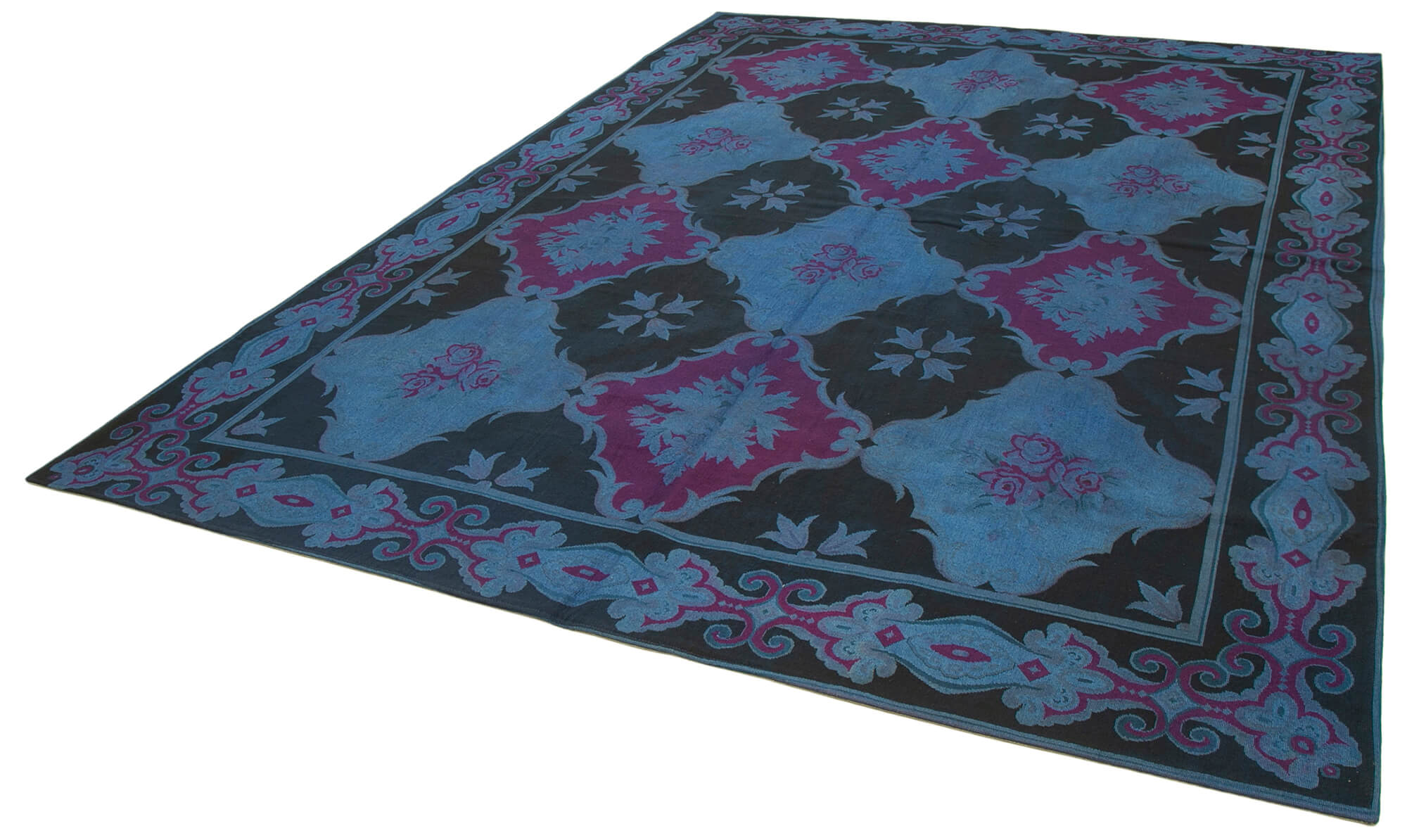 Handmade Area Rug - Blue Floral Cotton Wool Vintage Handwoven Carpet 8'3''x11'1''